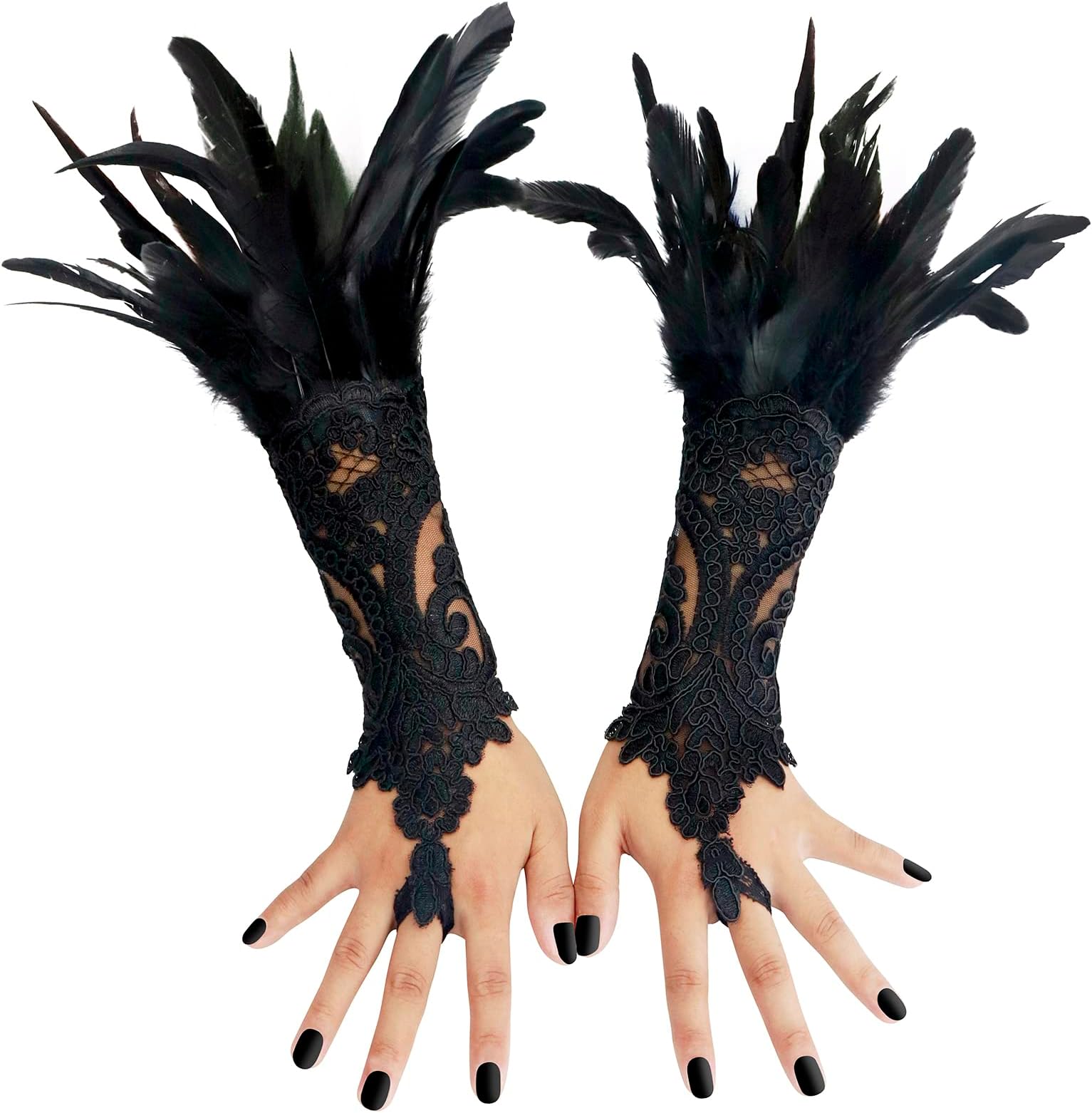 UQJE2PCS Women's Lace Feather Long Gloves Gothic Mesh Cuff Wedding Halloween Party