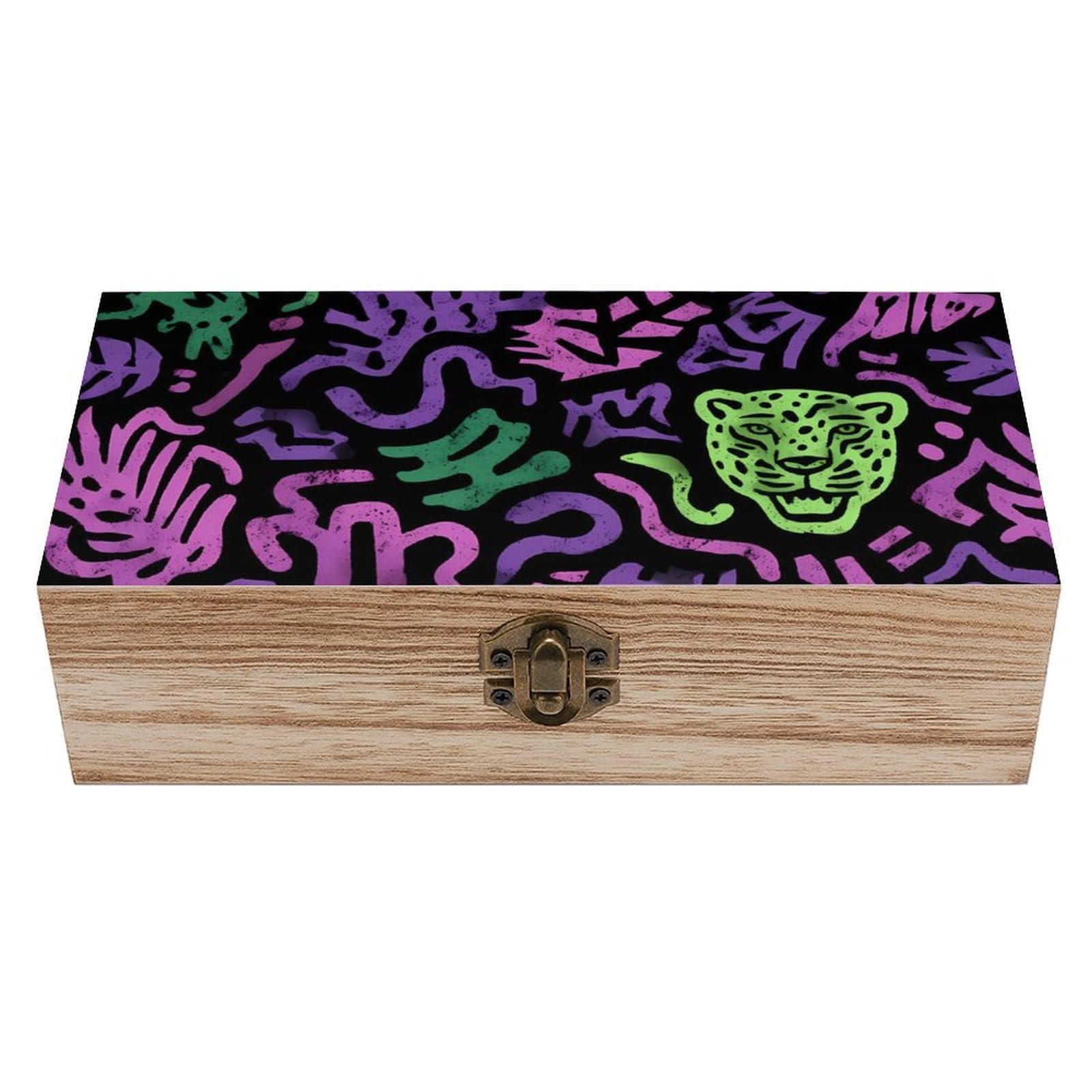 HLBSDM Neon Animal Graffiti Wooden Storage Box Craft Memory Keepsake Treasure Chest Box Jewelry Organizer