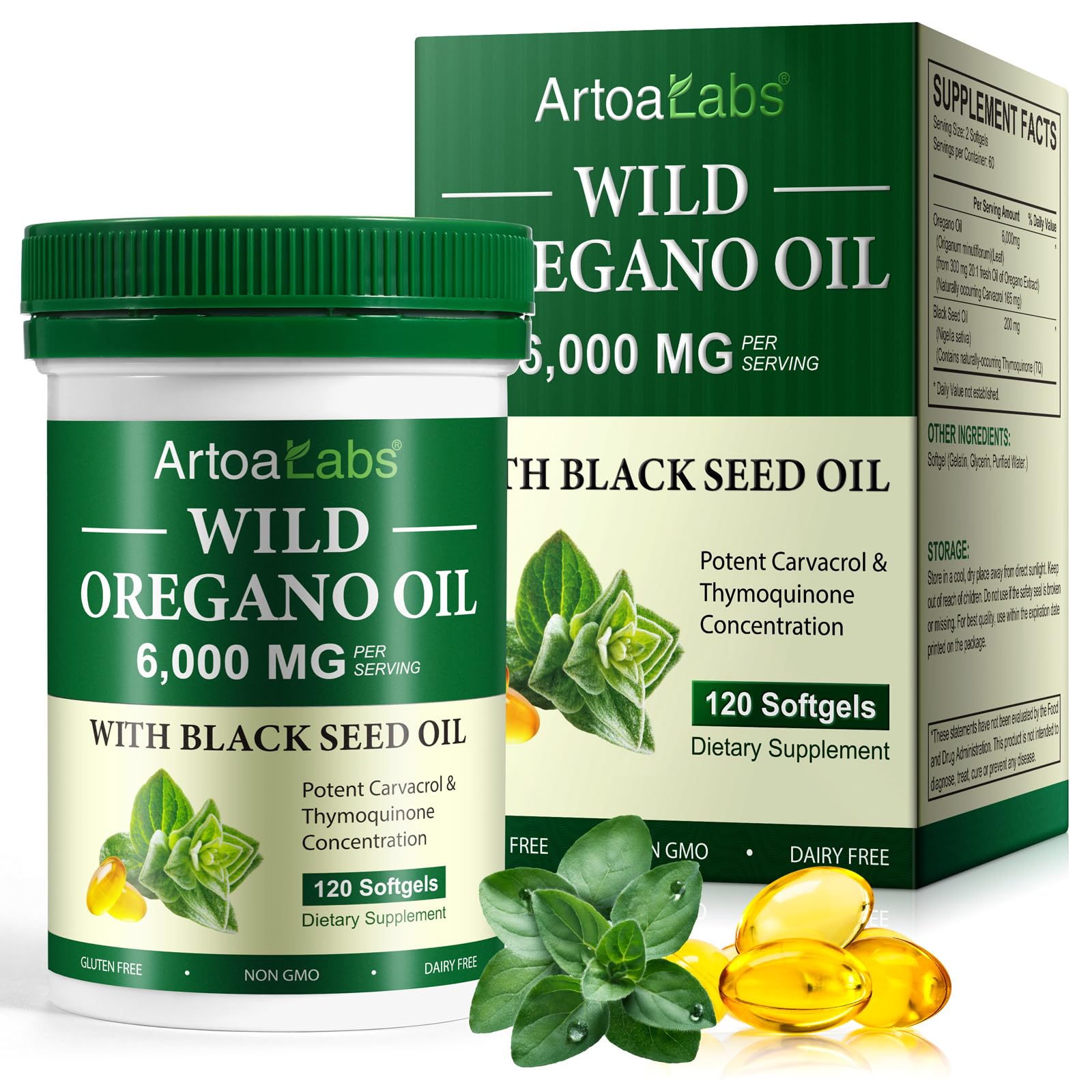 Capsule di olio di origano di Olio di semi neri, 2 in 1 6000 mg olio di origano con 200 mg di olio di semi neri con 165 mg di carvacrolo