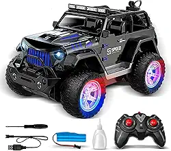 Carro de Controle Remoto 1:16 com Spray, Luzes e Som, 2.4GHz, 4x4 Off-road, Resistente a Impactos, Bateria 3.7V 500mAh - Preto
