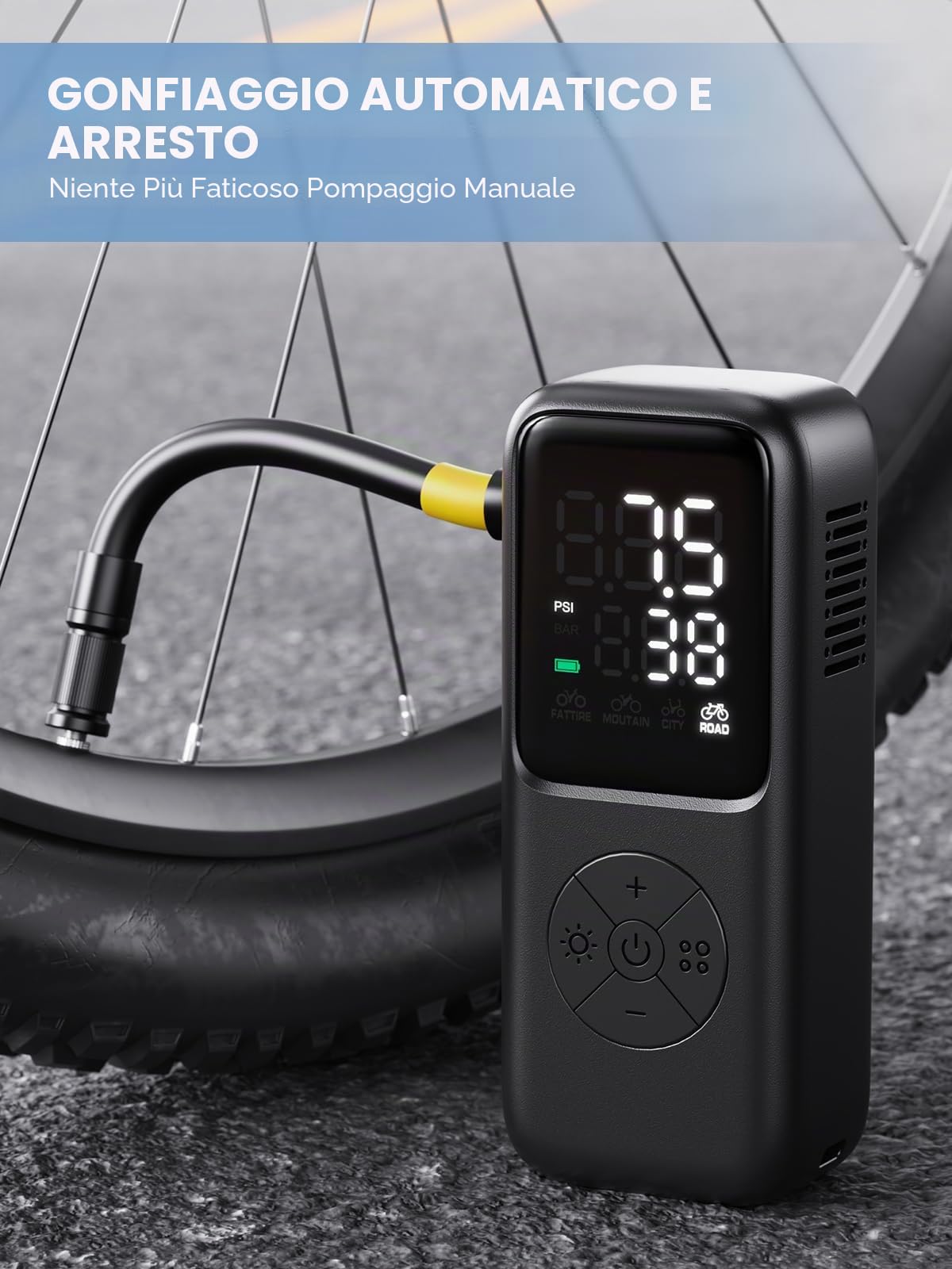 GPUTEK Mini pompa elettrica per bicicletta, 120 PSI con manometro e 5 modalità preimpostate per valvole Schrader e Presta, per bicicletta da strada, da montagna, da città e per pneumatici grassi.
