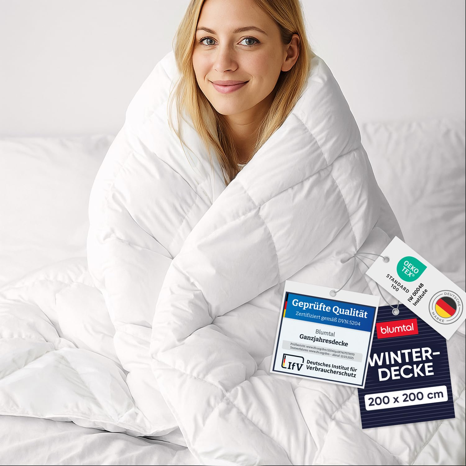 Blumtal Winterdecke 200x200 cm - Oeko-TEX zertifizierte Bettdecke 200x200 cm - extra Dicke Winter Decke - Steppdecke Winter - Steppbettdecke waschbar 95 °C - Füllmenge 400gsm - mit Eckhalterung