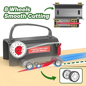Wraprocut (2-Pack) Wheel Wrapping Paper Cutter & Tape Dispenser with 4 Tapes2 Replace Blades Kit for Christmas Gift Wrap Cutter Tool Paper Roll Holder Tube Sliding Slicing for Birthday Holiday.