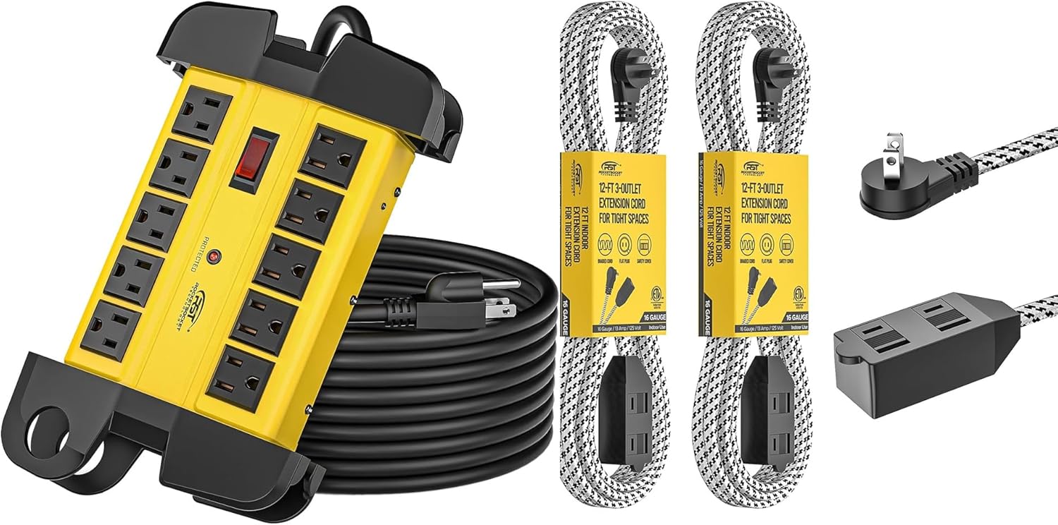 CRST 2-Pack 12ft Braided Extension Cord with 3-Outlet & 10-Outlet Heavy Duty Metal Power Strip Surge Protector, 15ft Cord, 2800 Joules for Home, Office, and Industrial Use, ETL Listed