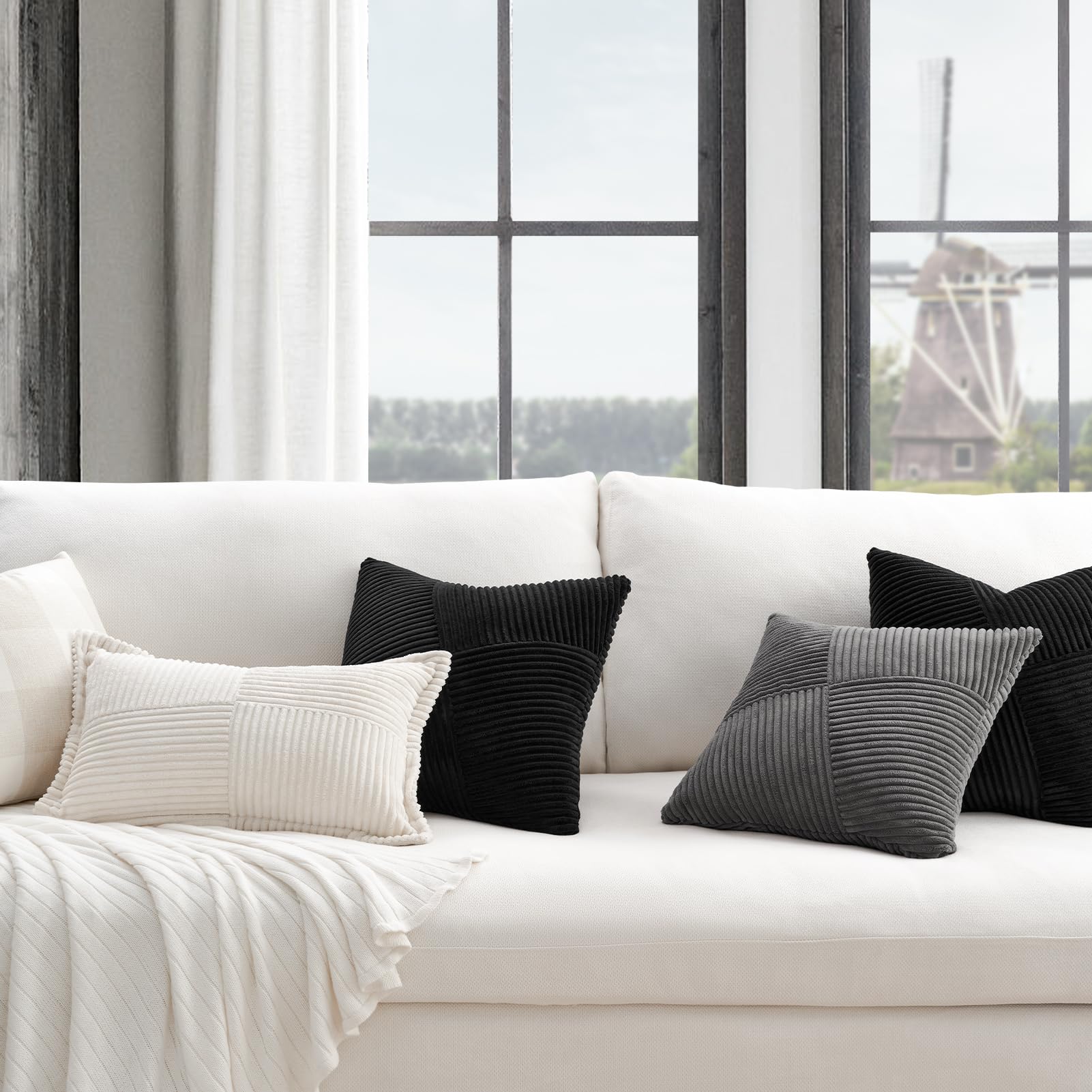Topfinel 2er Set Kussenhoes 45x45 Crème Kordsatijn Windmolen Strepen Patroon Kussenhoezen Sofa Kussen Kussenhuls Decoratief Kussen Hoes Patchwork Design Decor Woonkamer Kantoor Hotel