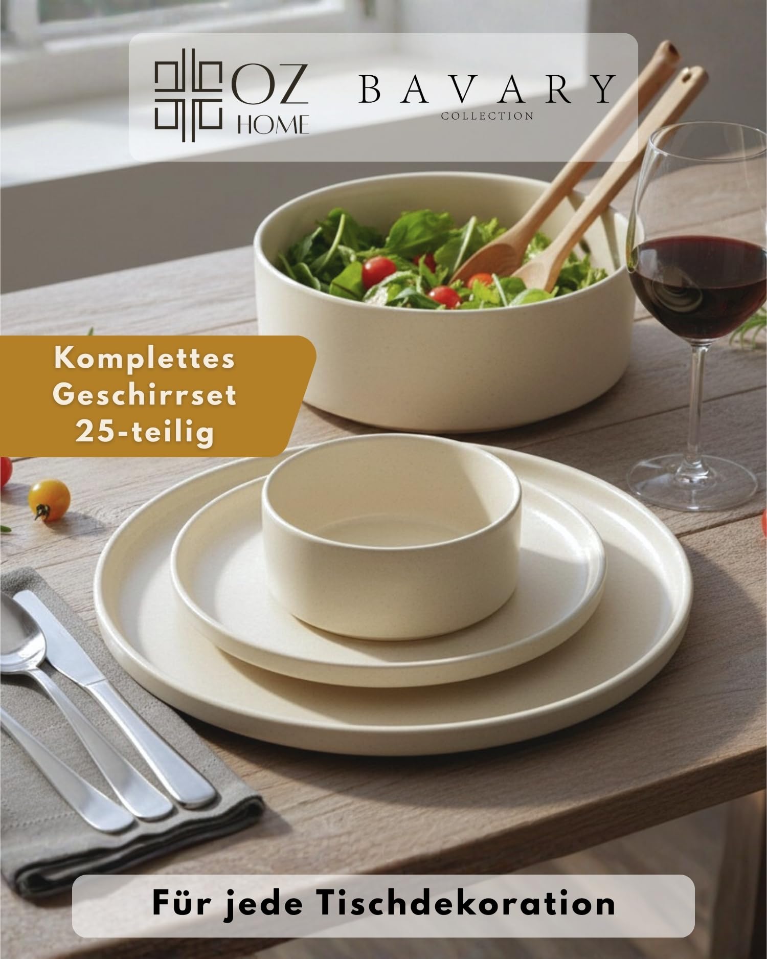 Steinzeug Geschirrset 25-teilig für 6 Personen – BAVARY – Beige Tafelservice im Granit-Look matt & glänzend mit Tellern & Schalen – spülmaschinenfest & mikrowellengeeignet