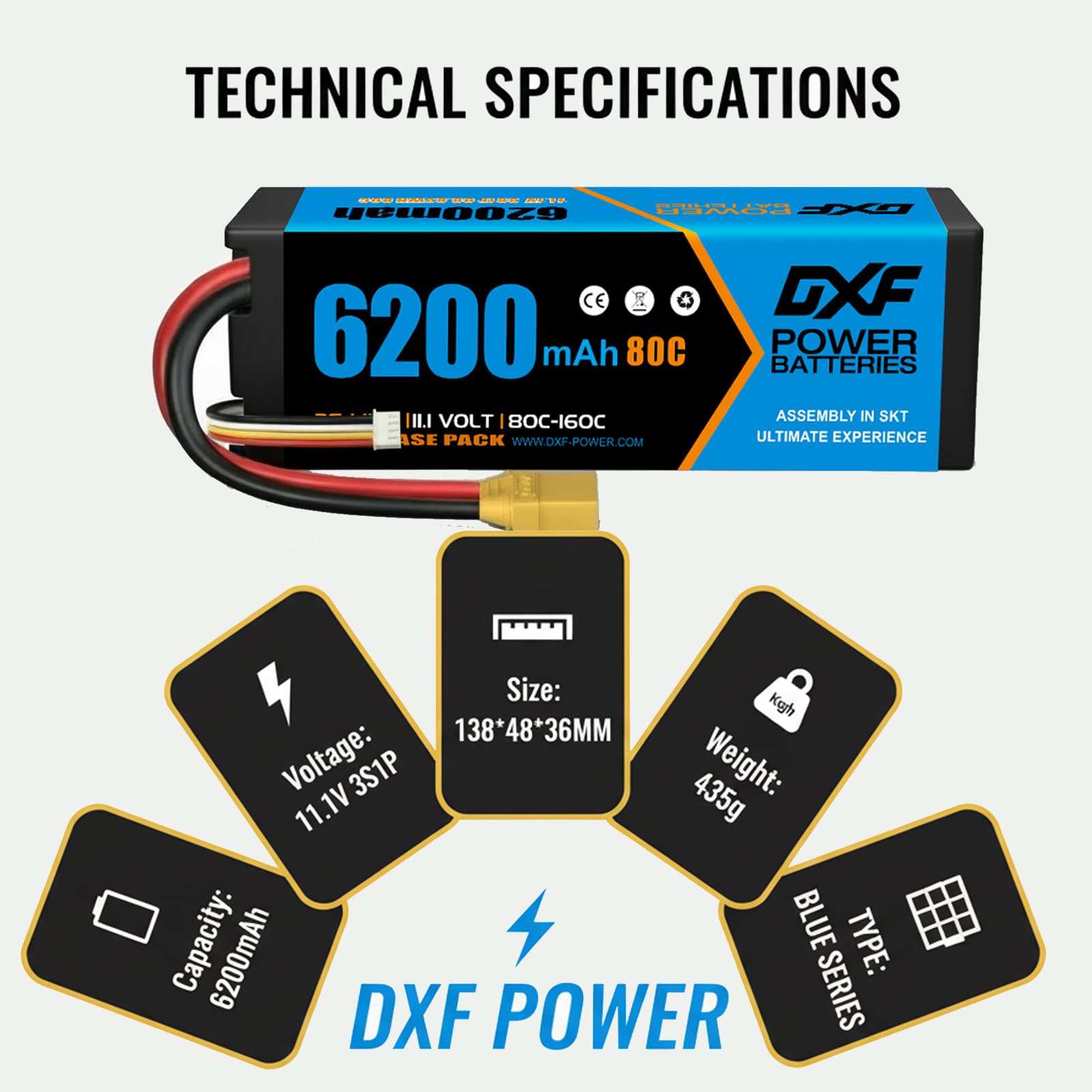 DXF 2 paquetes de baterías de polímero de litio 3S 6200 mAh 80 C – Batería de polímero de litio de alto rendimiento helicópteros RC, aviones, multi-rotores y más – Voltaje Lipo 3s 11.1 V, conexión