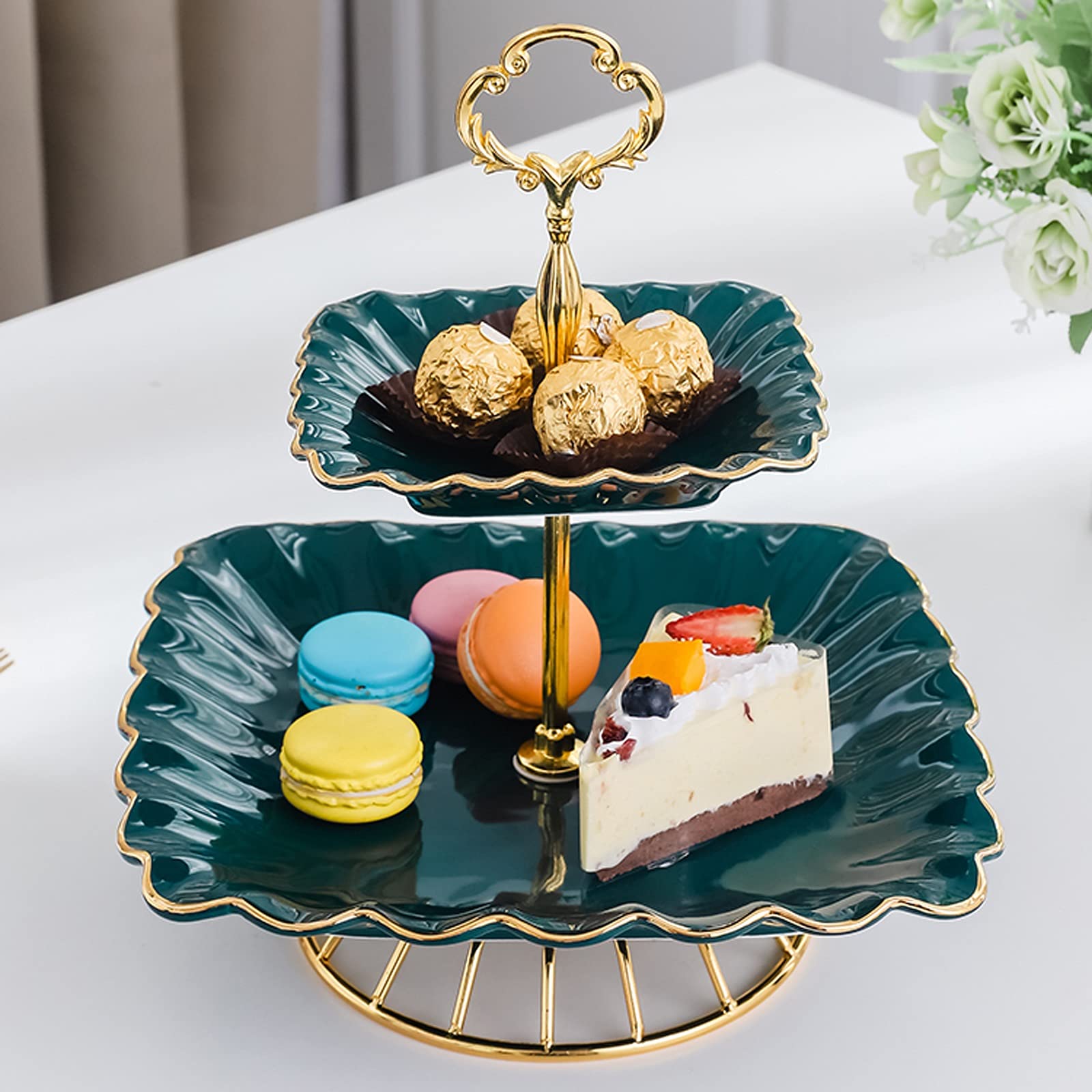 caihuashopping Présentoir à Gâteau Stand de gâteau en céramique avec Base en métal Vert Dessert Table à 2 Couches Cupcake carré Stand Stand Home Salon Pâtisserie Plateau de Service Stand de Gâteaux