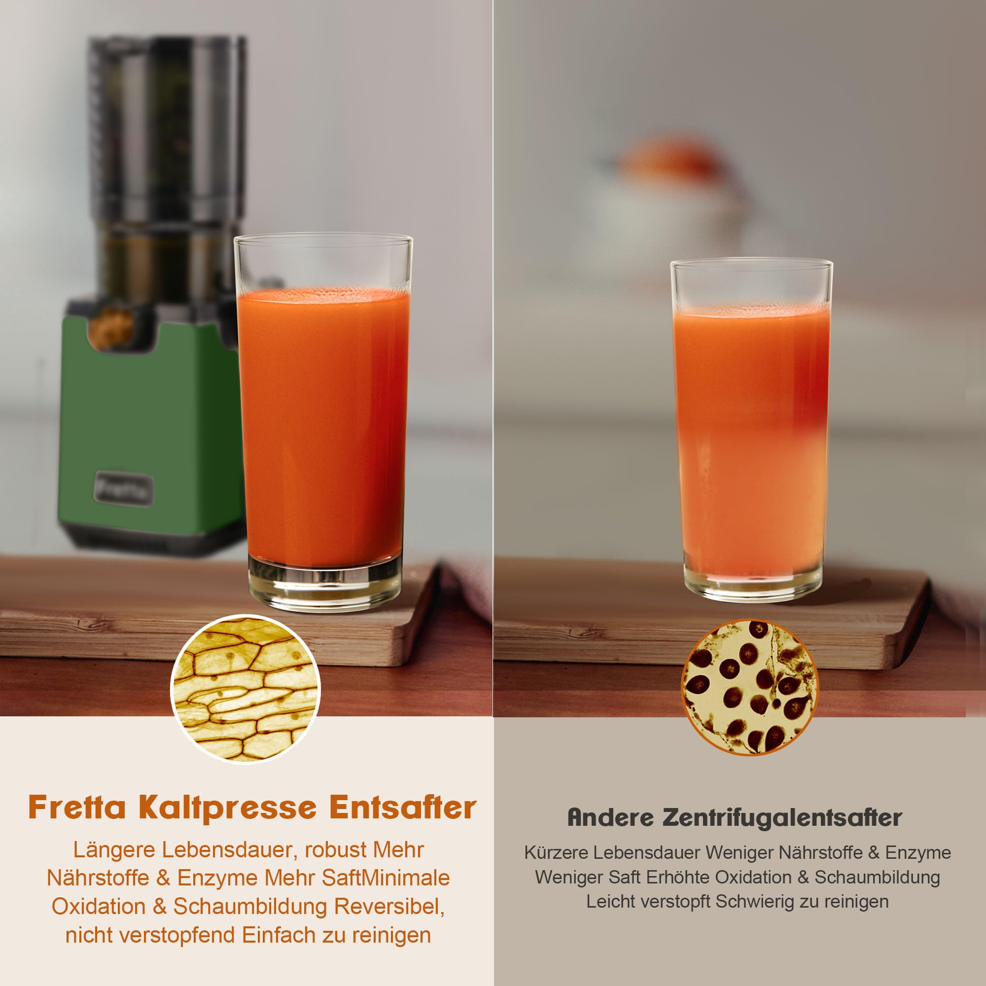 Fretta Entsafter Slow Juicer Testsieger, Entsafter Gemüse und Obst Grün | Einfache Montage & Reinigung，BPA-frei,135MM Öffnung，Ganze Früchte，Leiser，Umkehrfunktion,Hohe Saftausbeute,Leistungsstarke