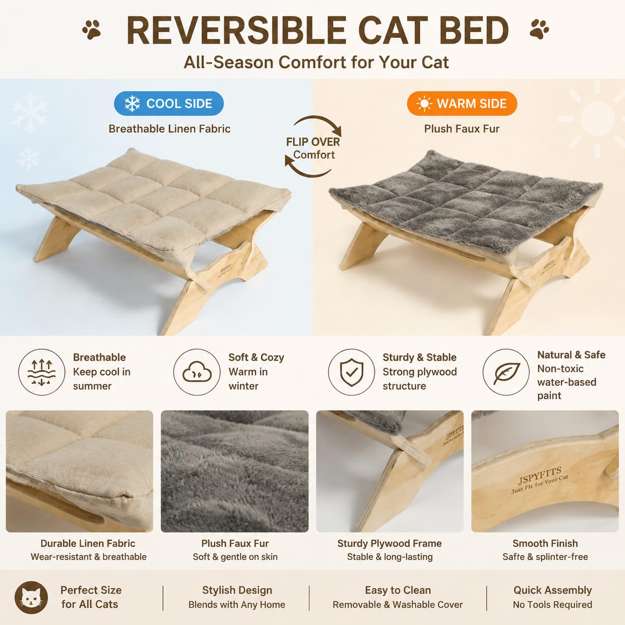 JSPYFITS Katzenbett, Plüsch-Samt-Katzenbetten für Indoor-Katzen, Katzenhängematte aus Holz, 54 x 42 x21 cm, geeignet für Katzen, Hunde, Kaninchen, Kätzchen und Kleintiere Grau
