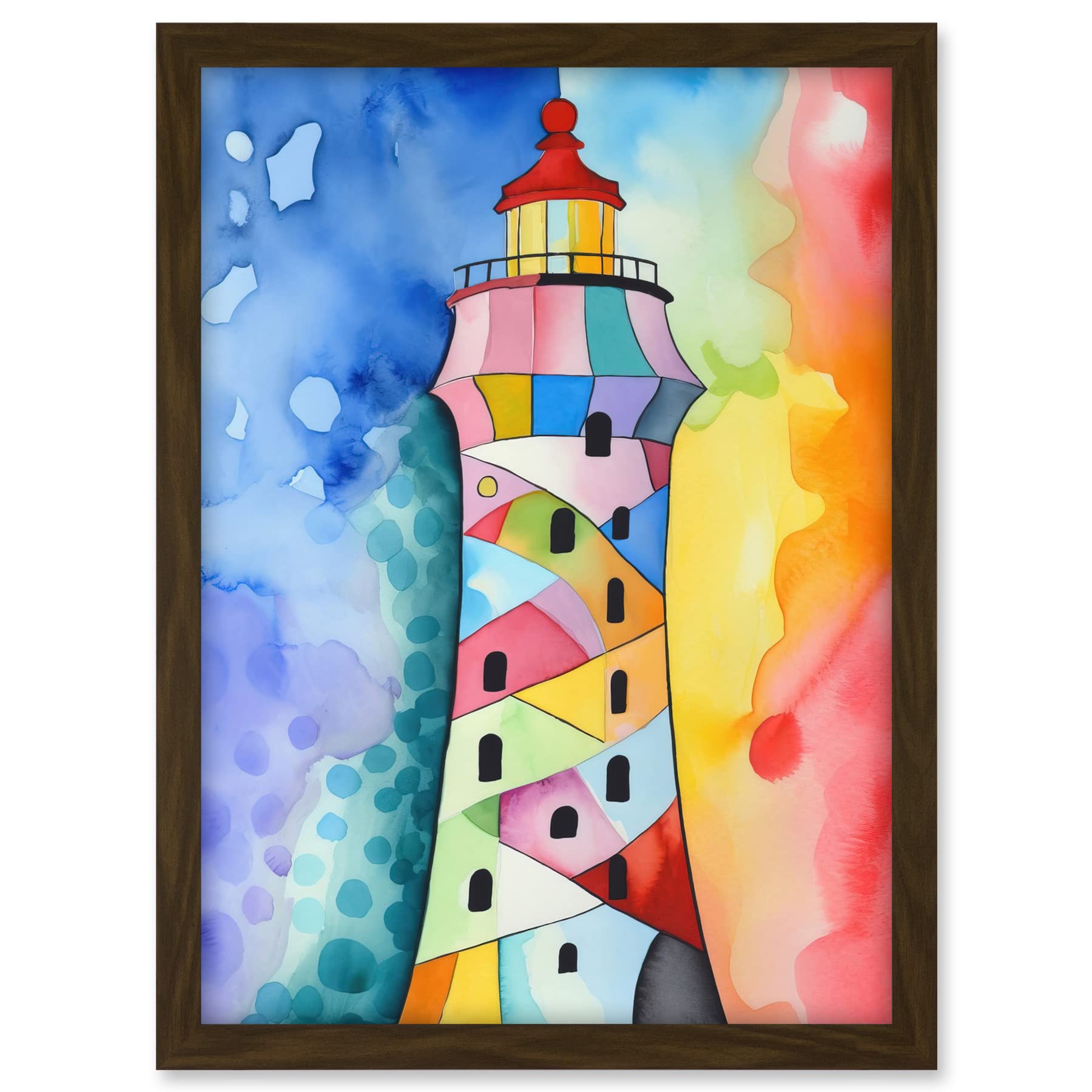Artery8 Lighthouse Concept With Rainbow Colour Sky Folk Art Watercolour Painting Artwork Framed A3 Wall Art Print