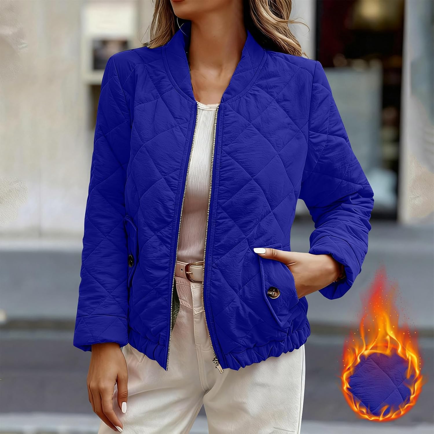 Womens Quilted Bomber Jackets Lightweight Zip up Coats with Pockets Casual Outerwear Fleece Warm Comfort Outerwear