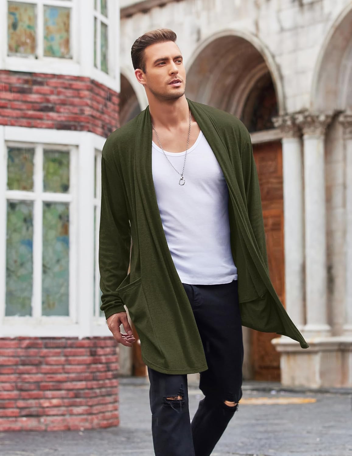 COOFANDY Men's Ruffle Shawl Collar Cardigan Open Front Lightweight Long Length Drape Cape Overcoat with Pockets - Image 2