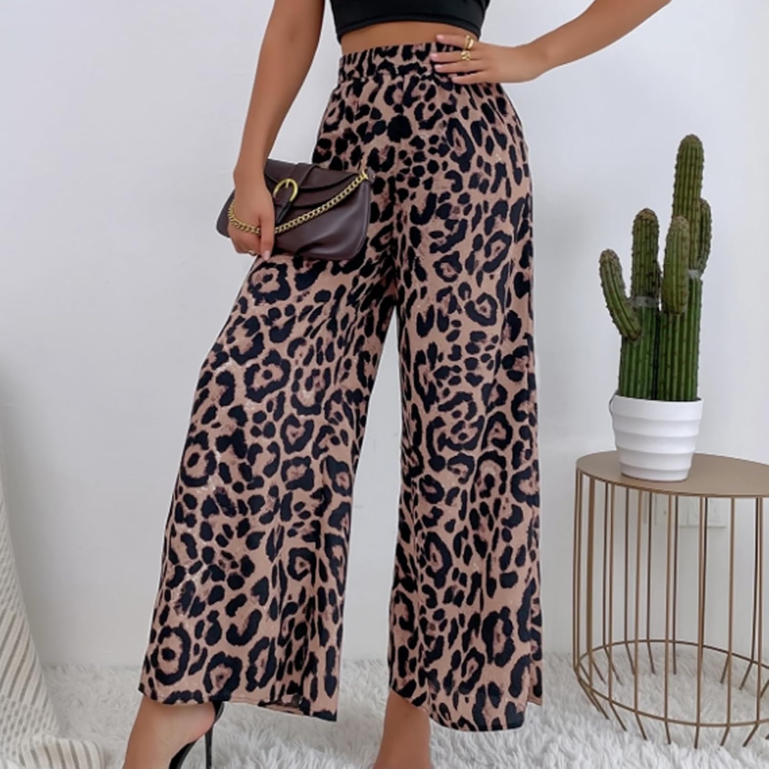 Women's Leopard Pants Elastic High Waist Wide Leg Trousers with Pockets Casual Streetwear 2026 Fall Leopard Pants - Image 5