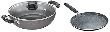 Prestige Aluminium Omega Select Plus IB Non-Stick Kadai with Glass Lid, 240 mm, Multicolour, Medium & Omega Deluxe Granite Nonstick Dosa Tawa, 280 mm (Black)