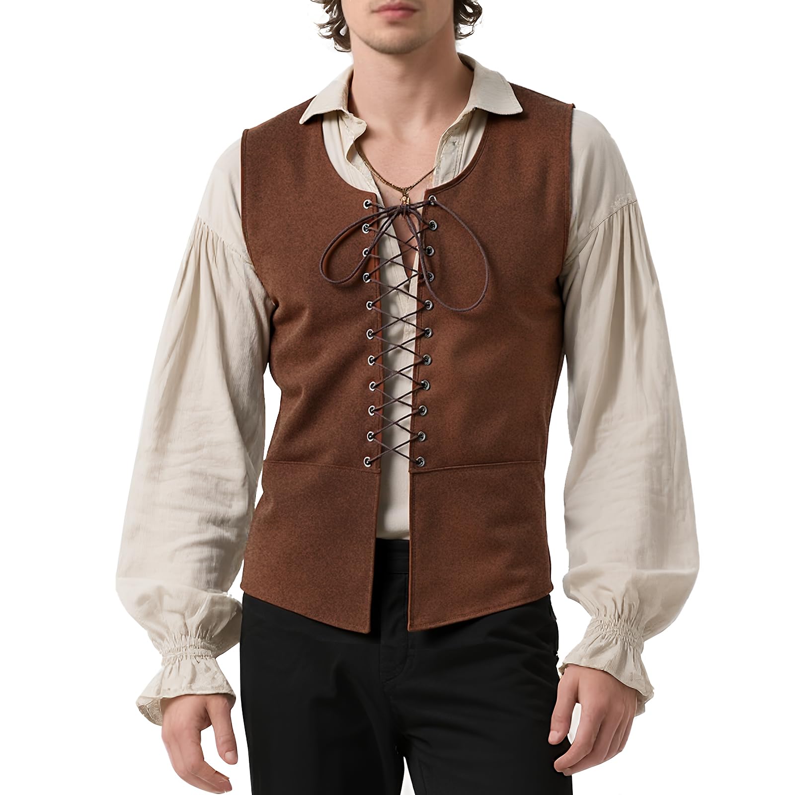 Tyuduo Men's Brown Medieval Renaissance Pirate Vest Gothic Steampunk Waistcoat For Medium