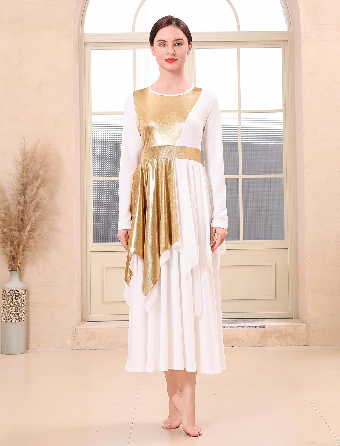 IDOPIP Metallic Praise Dance Dress for Women Asymmetric Ruffle Overlay Dresses Liturgical Lyrical Dancewear Worship Costume