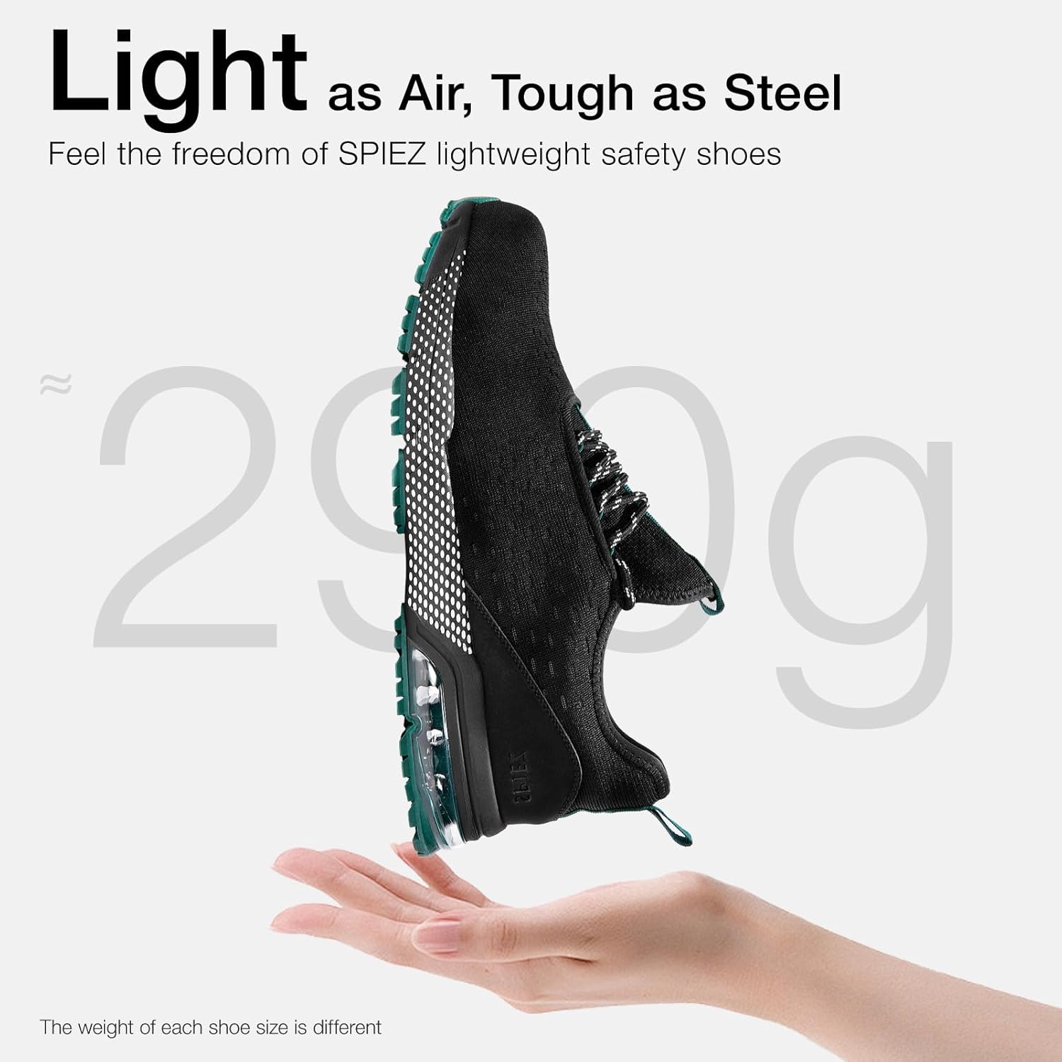 SPIEZ Lightweight Slip-On Safety Shoes for Men & Women, Slip-Resistant Work Shoes with Air Cushioning, Water-Resistant & Decorative Laces, Easy On/Off Sneakers, Black Green, Size 4.5-13.5 - Image 4