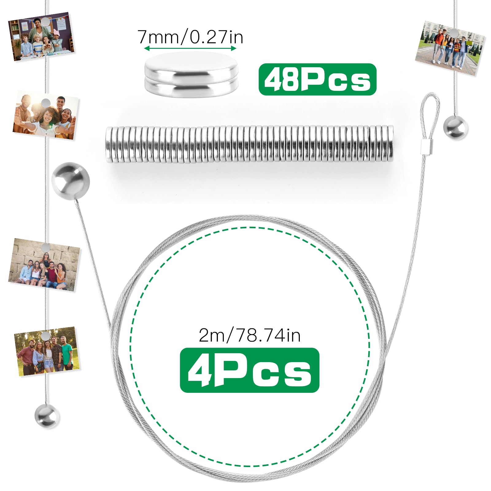 Corda Porta Foto 4 Pezzi Set Filo Per Foto Con Magneti, Circa 2m*1.5mm, Filo Per Appendere Foto Con 48 Magneti Cavo Per Appendere Foto Corda Fotografica Magneti, Regolabile, Per Appendere Le Foto