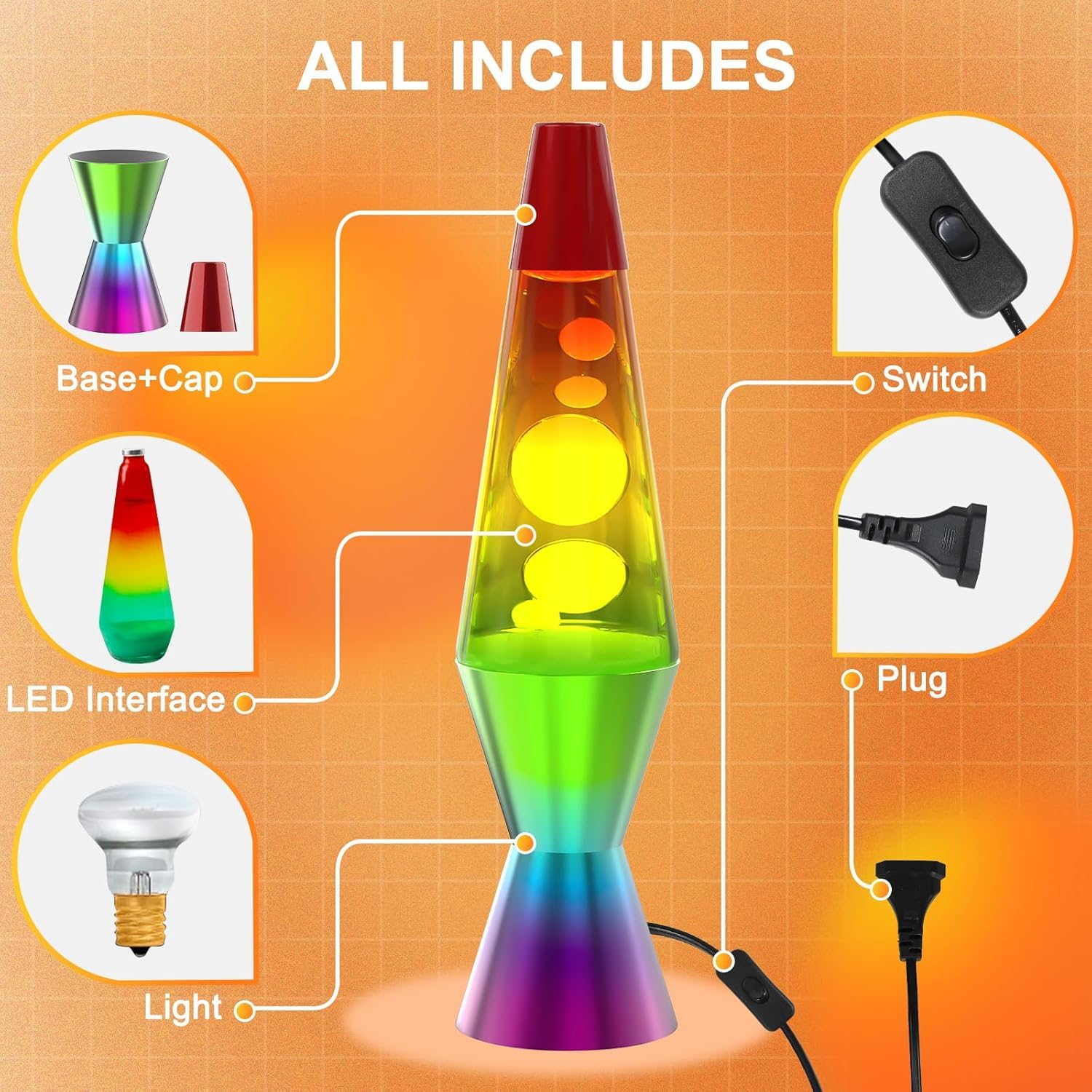 Luces Arcoíris & Flujo Líquido – Lámpara de 25W 14.5inch para Aliviar el Estrés y Mejorar la Concentración Arte cinético para relajación/oficina/regalo