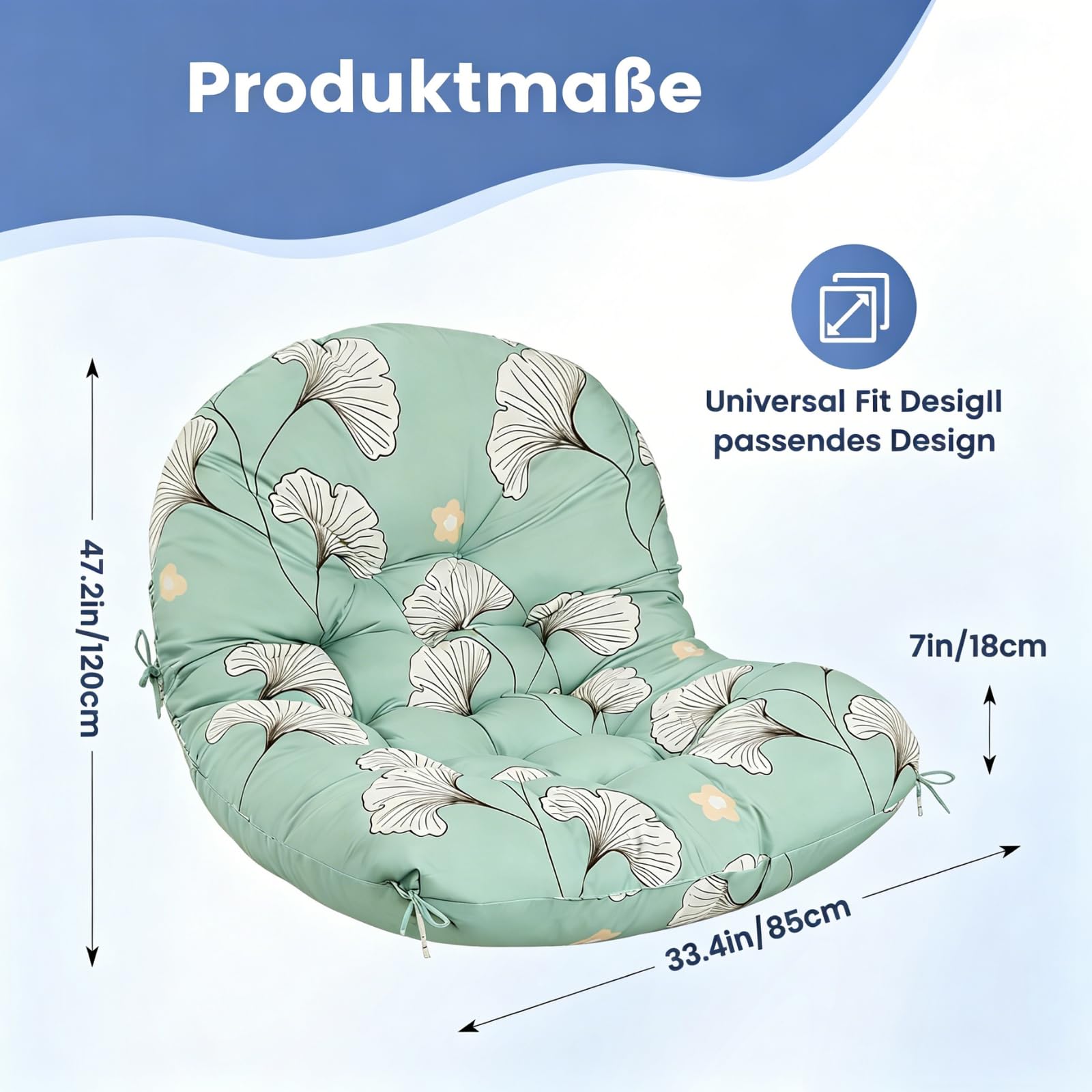 Kissen für Egg Chair, Hängesessel-Kissen 120 x 85 x 18 cm, wasserfestes Ersatzkissen für Schaukelstuhl (nur Kissen), dickeres Hängesessel-Kissen für Garten, Außen- und Innenbereich, Blatt