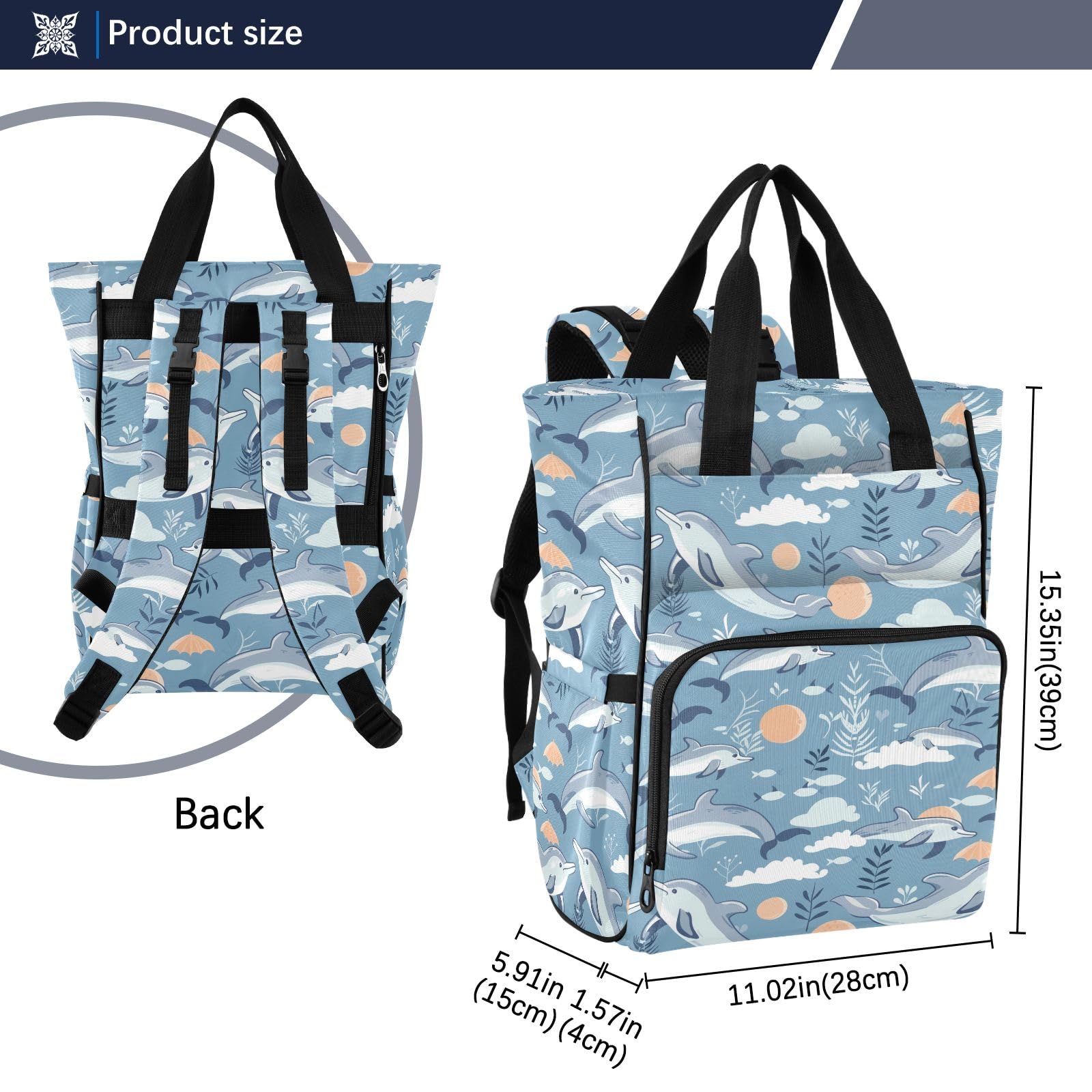 Mnsruu Sea Beach Dolphin Baby Diaper Bag Zaino Grande Borsa Impermeabile Viaggio Pannolino Borse per Mamme e Papà