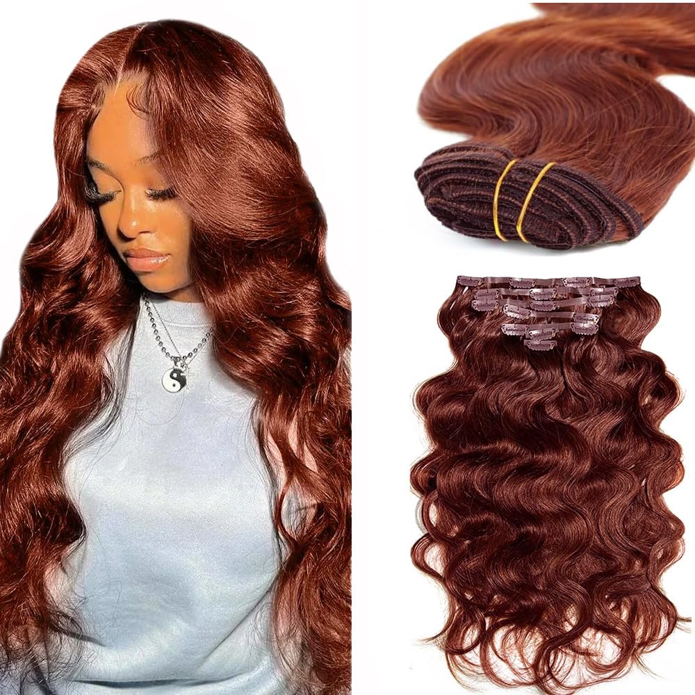 Photo 1 of #33 Reddish Brown Clip in Hair Extensions Human Hair, Copper Red Body Wave Remy Human Hair Extensions Clip ins for Women, 22 Inch 120g 7Pcs, Auburn Brown Hair Extension