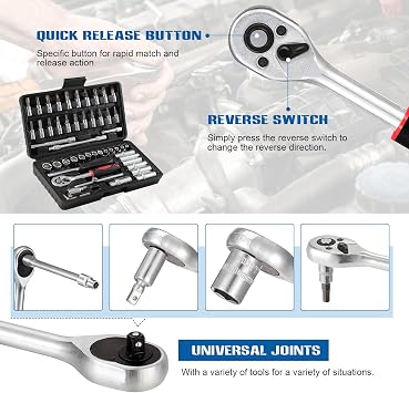 HSEAMALL 53-Piece Socket Spanner Set Ratchet Box Ratchet Box Small 1/4 Inch Ratchet and Socket Spanner Set for Torx Cross Slotted and Allen Screws CR-V Tool Set