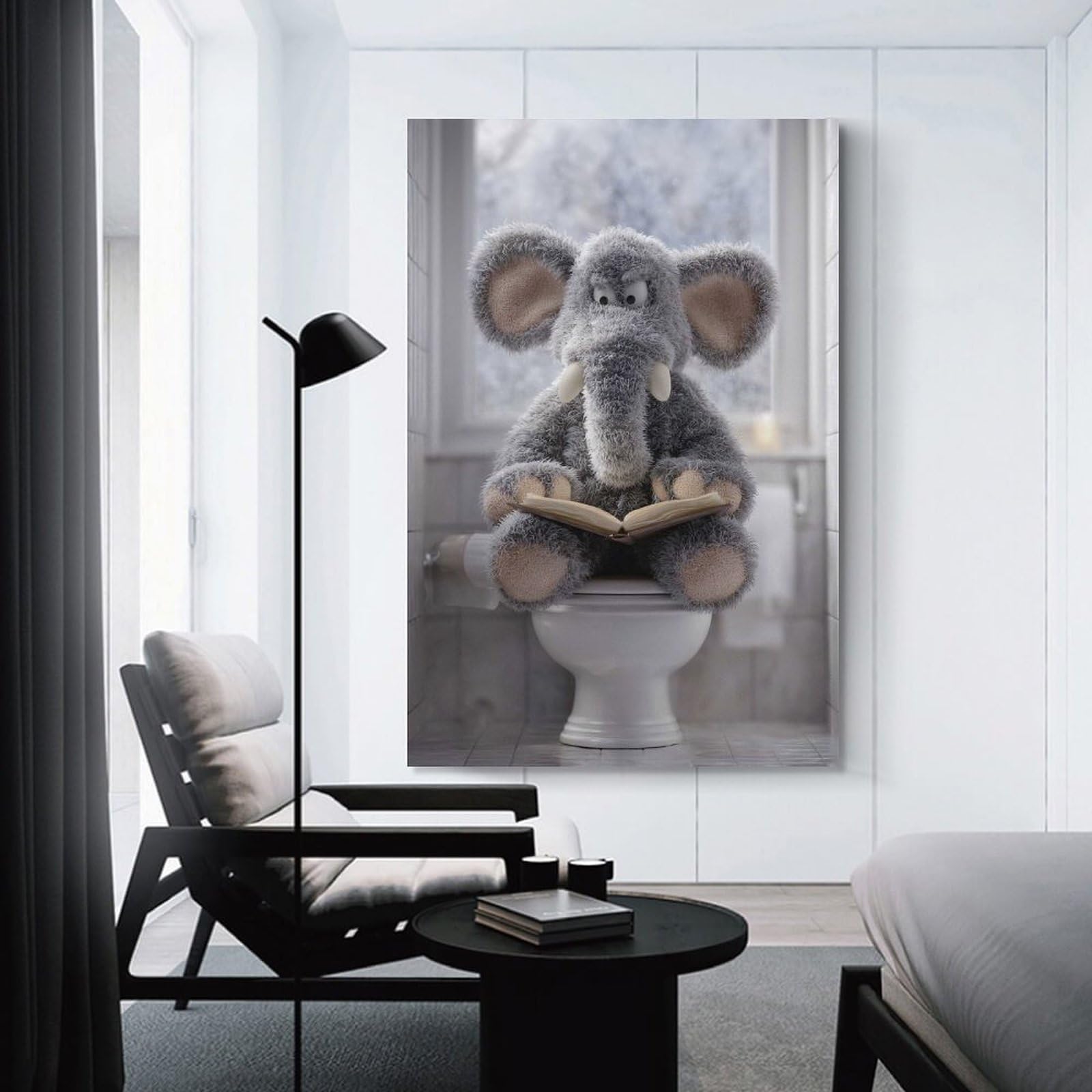 Junmoney Elephant Reading on Toilet Canvas Wall Decor, 16x24inch(40x60cm), for Office, Study Or Home Workspace, Wall Art That Adds Style to Work Areas