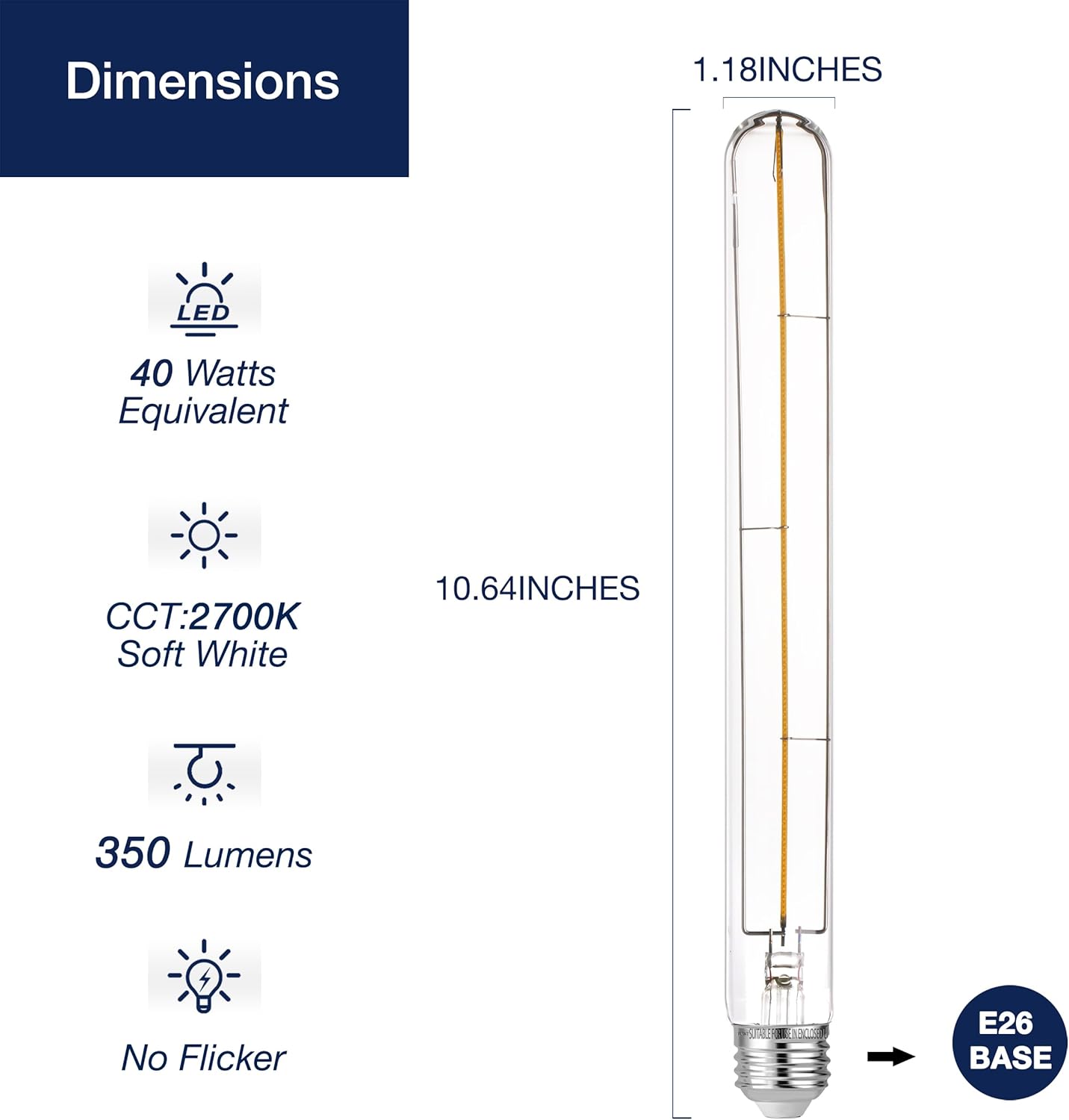 FLSNT T10/ T30 Dimmable LED Edison Bulbs, 9.4" Decorative LED Long Light Bulbs for Wall Sconces, Mirror Lamps, 90+ High CRI, 2700K Soft White, E26 Base, 4W (40W Equiv.), 350LM, Clear Glass, Pack of 4