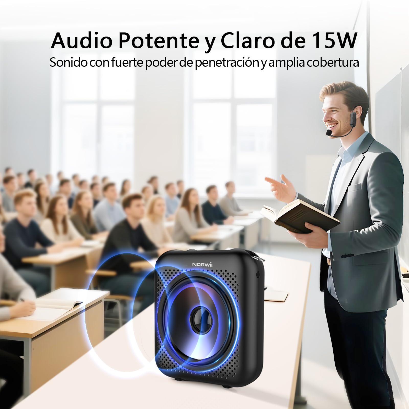 Norwii Amplificador de Voz Inalámbrico para Profesores, Minialtavoz Sistema de Megafonía Bluetooth Portátil 15W con 2 Micrófonos de Diadema, Batería Recargable 5200mAh para Clases/Guias/Conferencias