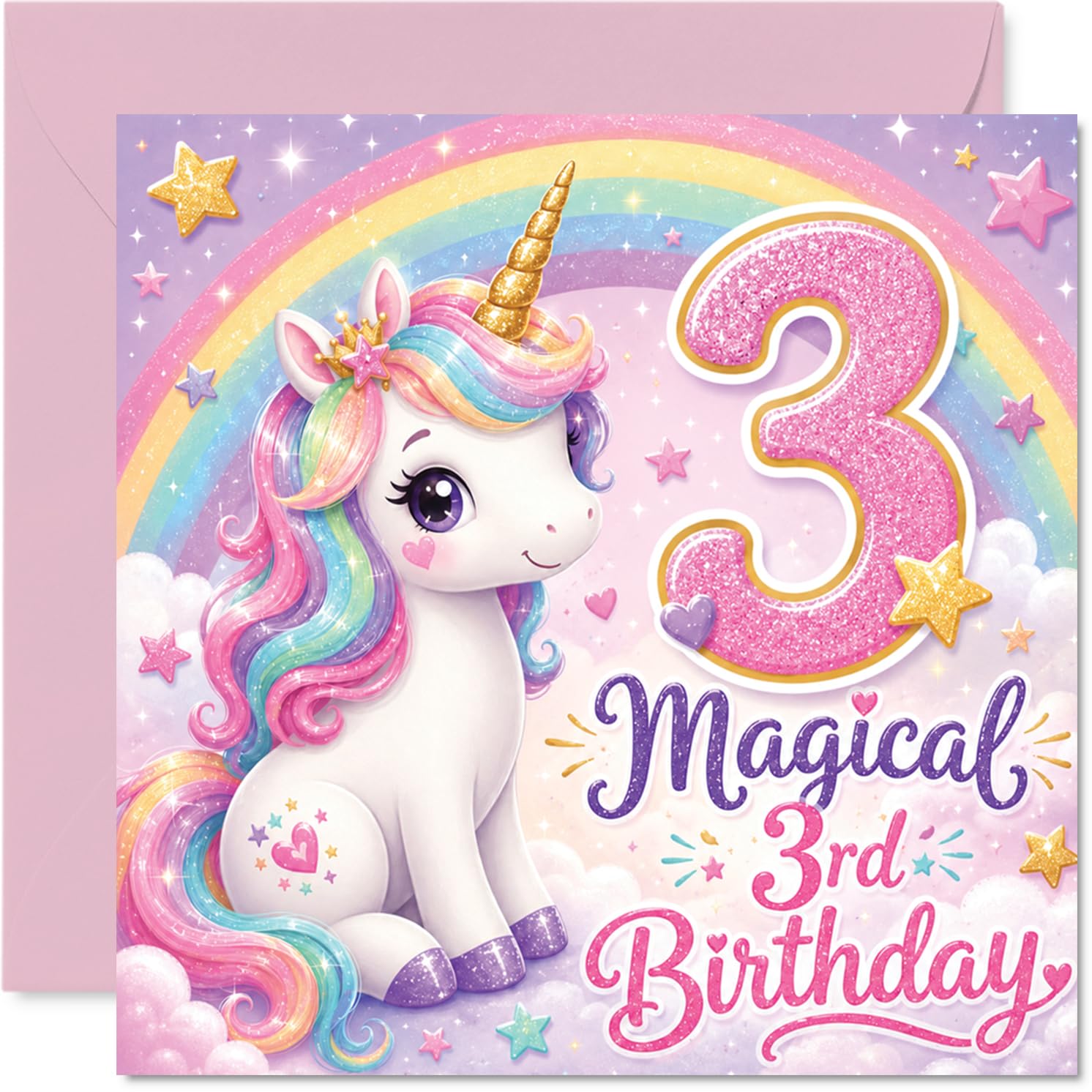Cute 3rd Birthday Card - Sprinkle of Magic for Turning Three - Pastel Unicorn and Rainbow with Glittery Number - Bursting with Birthday Cheer - 145mm Square, Envelope Included