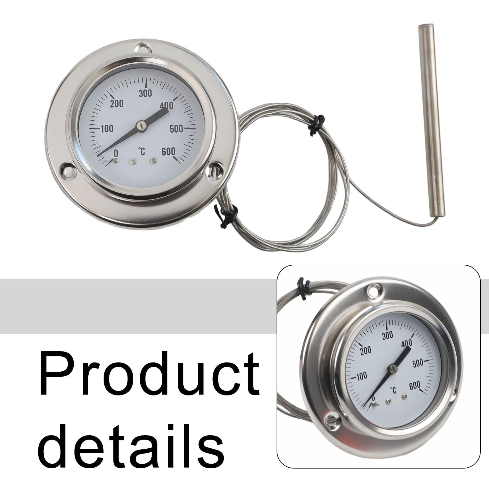 Termómetro de horno de acero inoxidable con sonda de 1,5 m, calibre de 0 a 600 °C para hornear en cocina y control de temperatura de caldera industrial