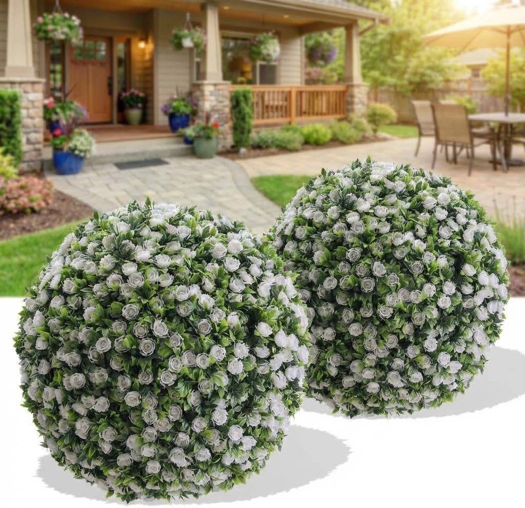 Artificial Topiary Balls 2-Pack, 16 Inch White Flower Topiary Ball for Outdoor & Indoor, Wedding Decor, Porch Hanging Decorations