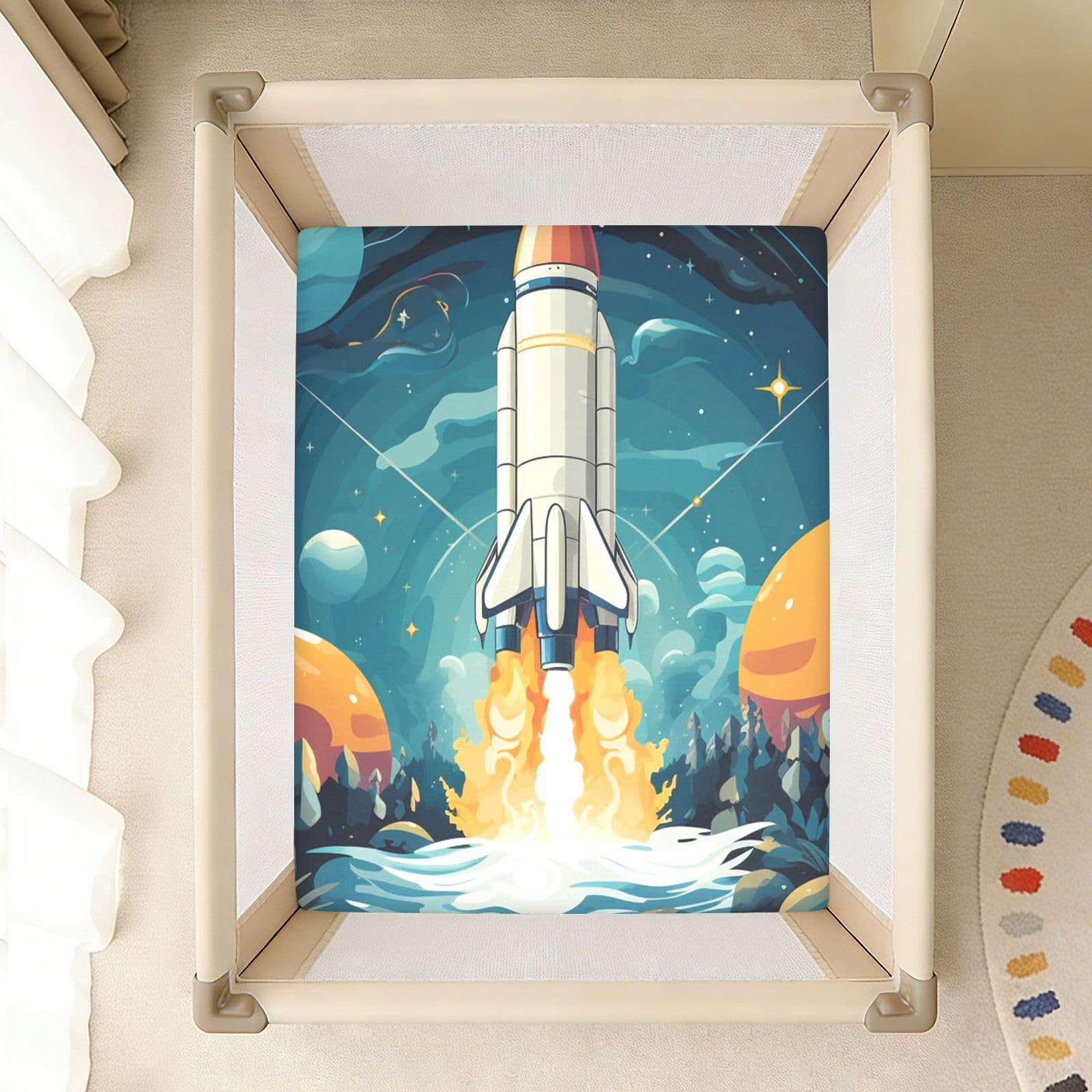 Cielo Estrellado Cohete Arte Oscuro Sábana de Cuna para Niños Pequeños,Sábanas de Algodón Suave para Bebés Aptas para Colchón Corralito