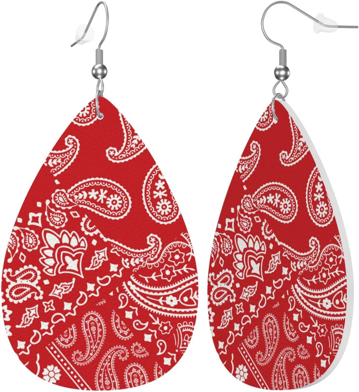 Red Bandanna Paisley Faux Leather Teardrop Earrings for Women Drop Dangle Earrings - Image 2