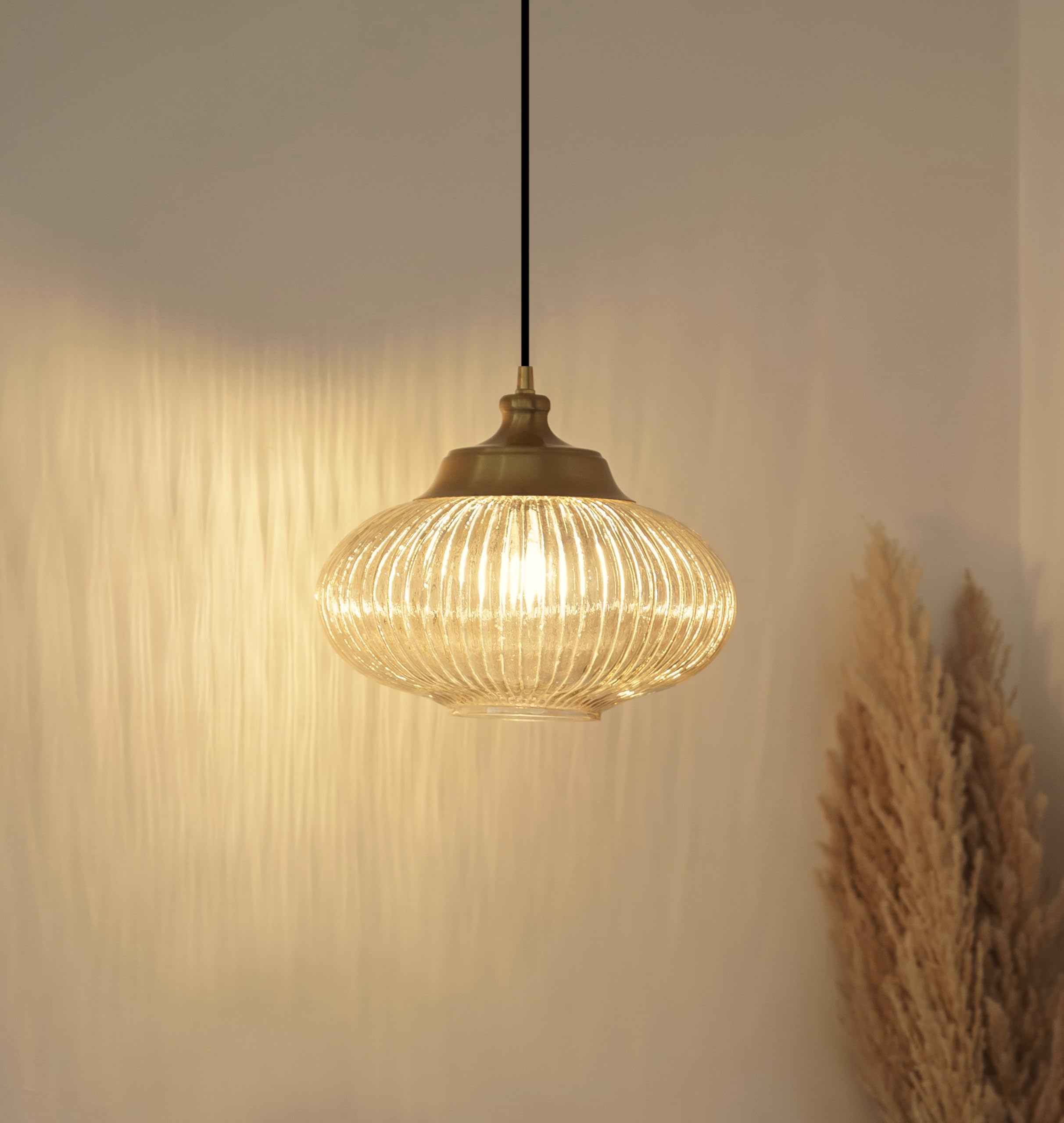 Divine Trends Ribbed Golden Luster Melon Glass Hanging Pendant Light Antique Brass Finish | Hanging Lights for Living Room, Bedroom | Ceiling Lamps for Home Decoration, Kitchen, Dining Pendant Lamps-image-49