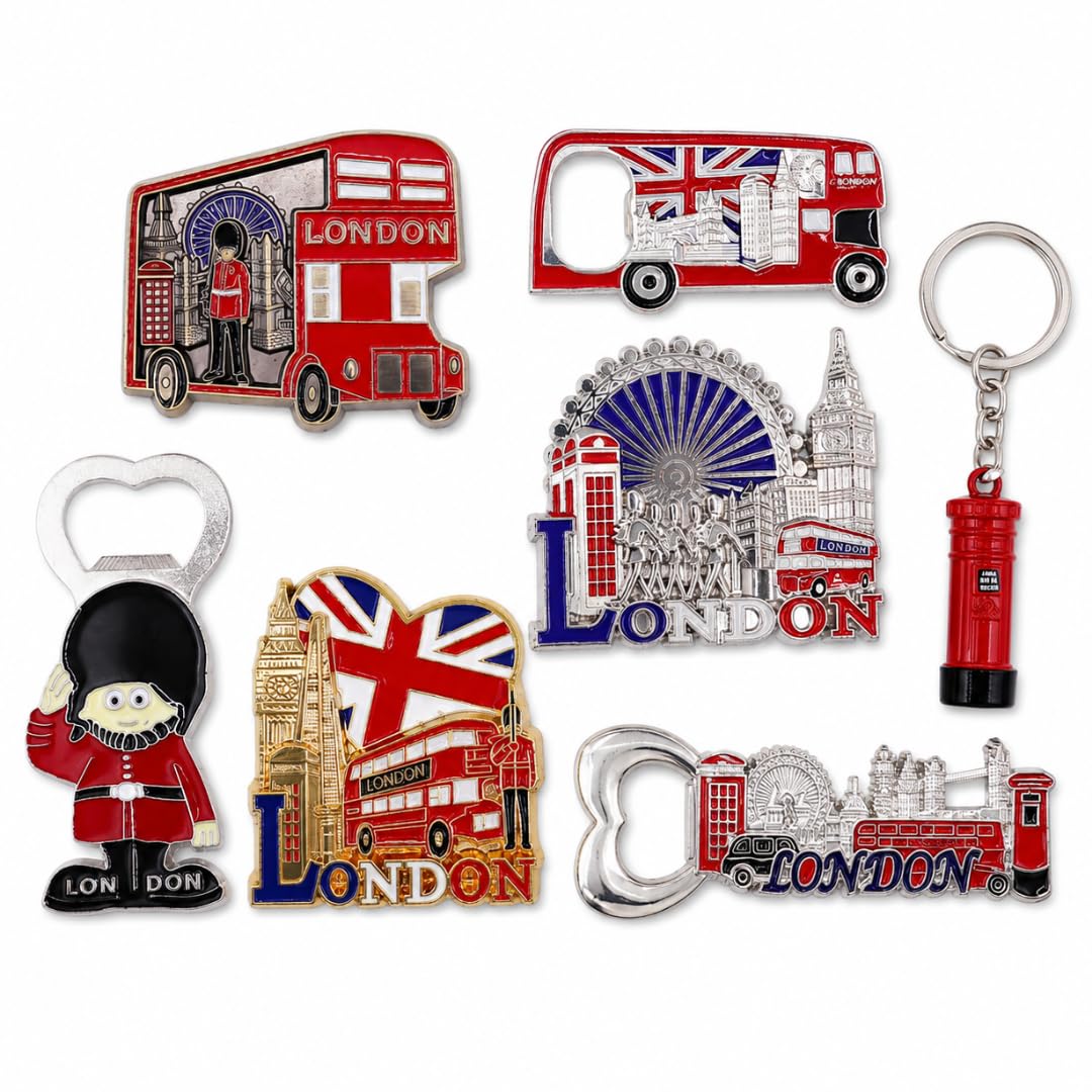 London Souvenir Fridge Magnets & Keyring Gift Set, 7 Pack UK Travel Gifts with Bottle Opener Magnets, Big Ben, London Eye, Red Bus, Telephone Box, Union Jack & Royal Guard British Keepsakes