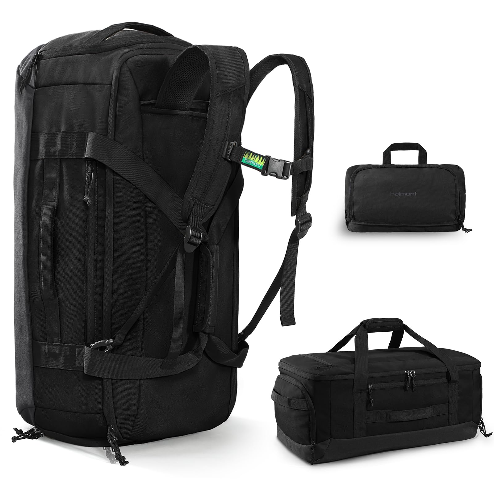 Haimont 55L Foldable Duffle Bag Backpack with Shoe Compartment, Large Travel Duffel for Gym, Sports, Luggage, Camping, Men & Women, Black