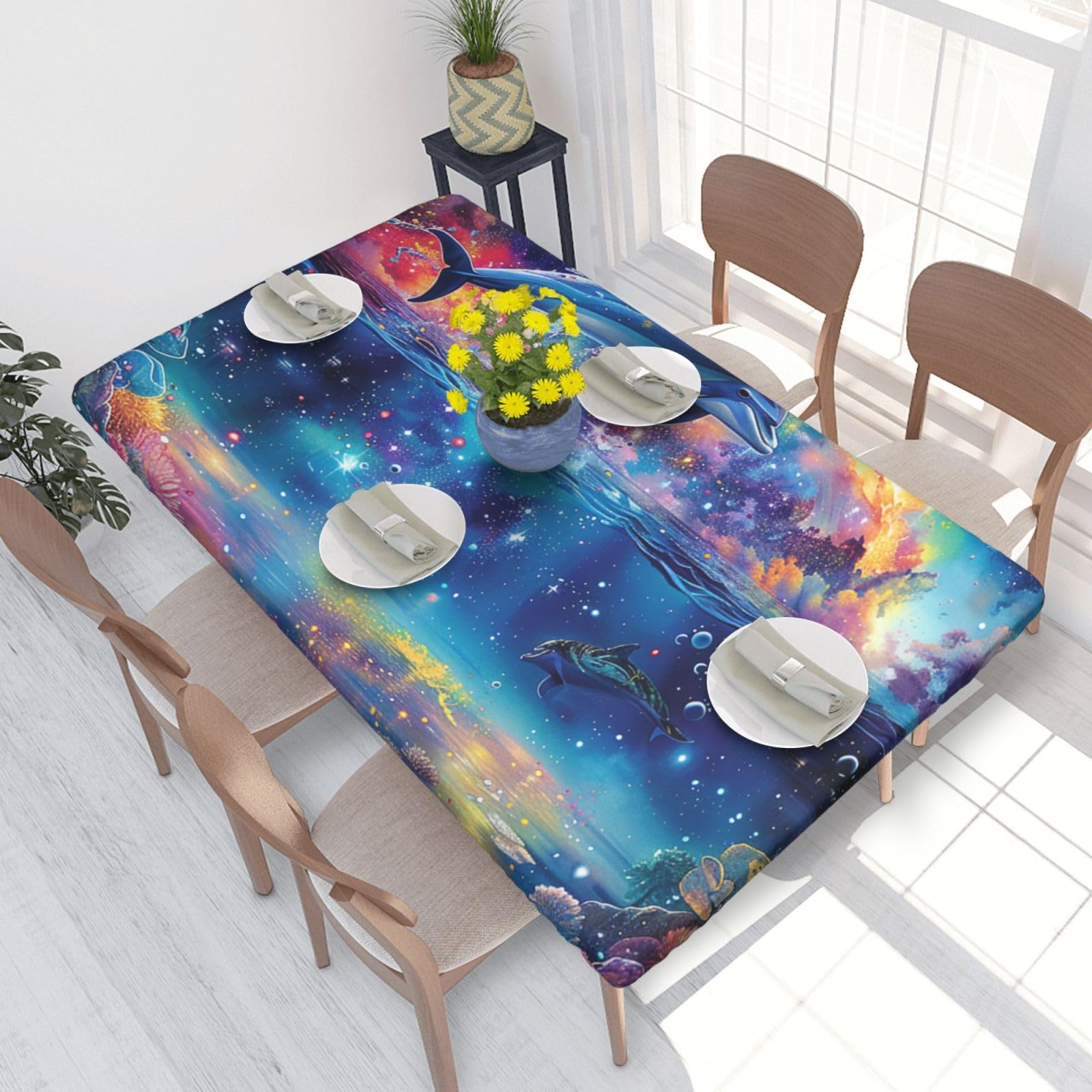 DCARSETCV Colored Sea Dolphin Printed 4FT Waterproof Tablecloth with Elastic Edged Protect & Decor Your Table, Oil-proof Washable Table Cloth Cover for Dinner Picnic Party