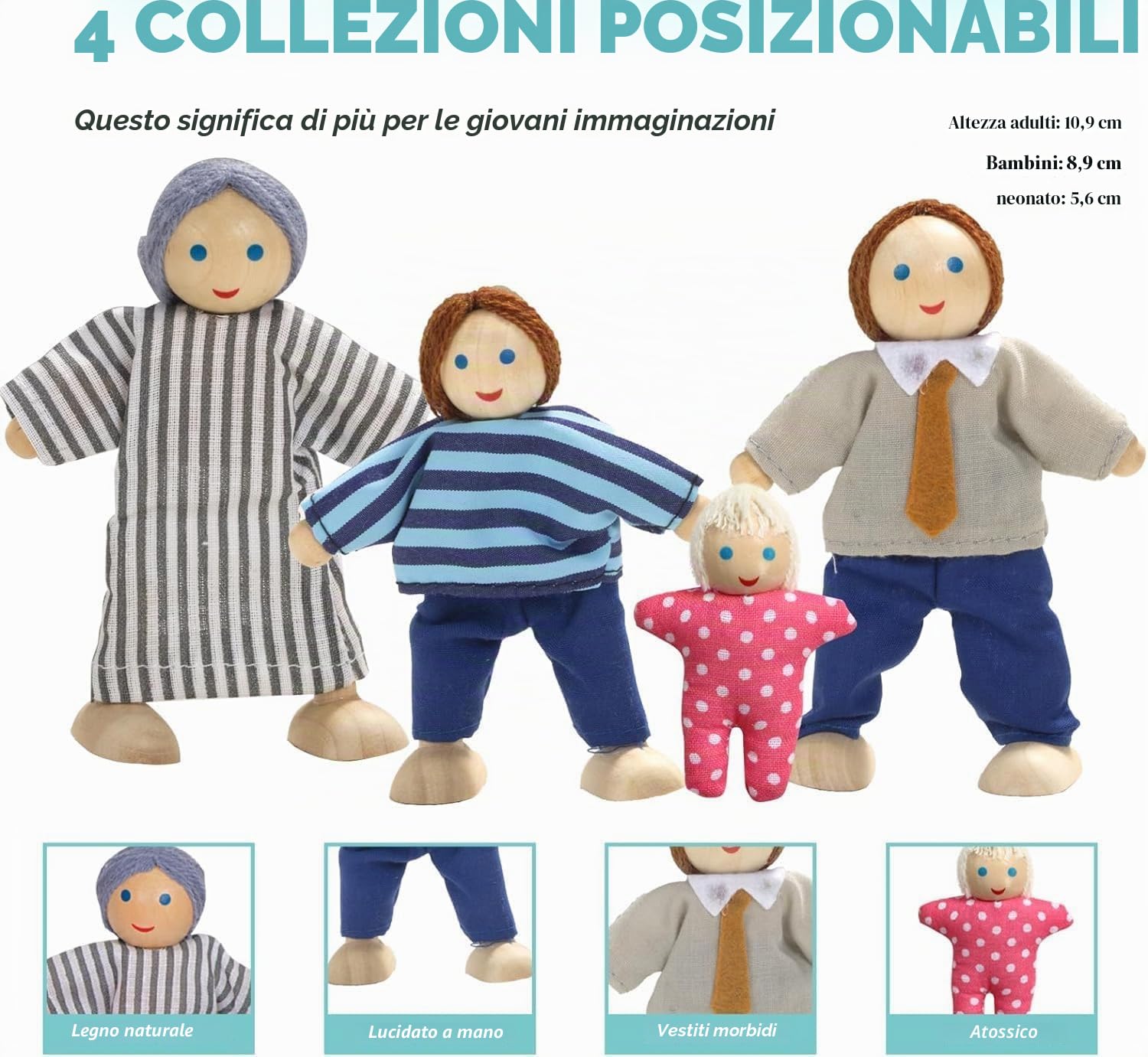 Giant bean Set di Mobili Casa Bambole Legno, 36 Mobili Casa Bambole con 4 Bambole di Famiglia, Accessori Casa Delle Bambole, Giocattoli Per Bambini dai 3 Anni In Su