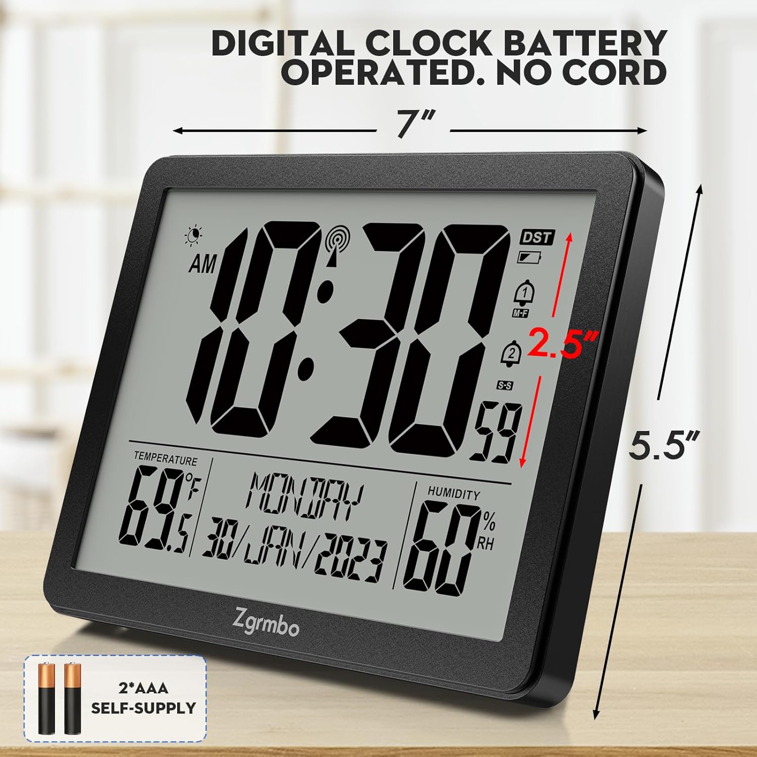 Zgrmbo clock with dimensions overlayed, showing 7 inches width and 5.5 inches height