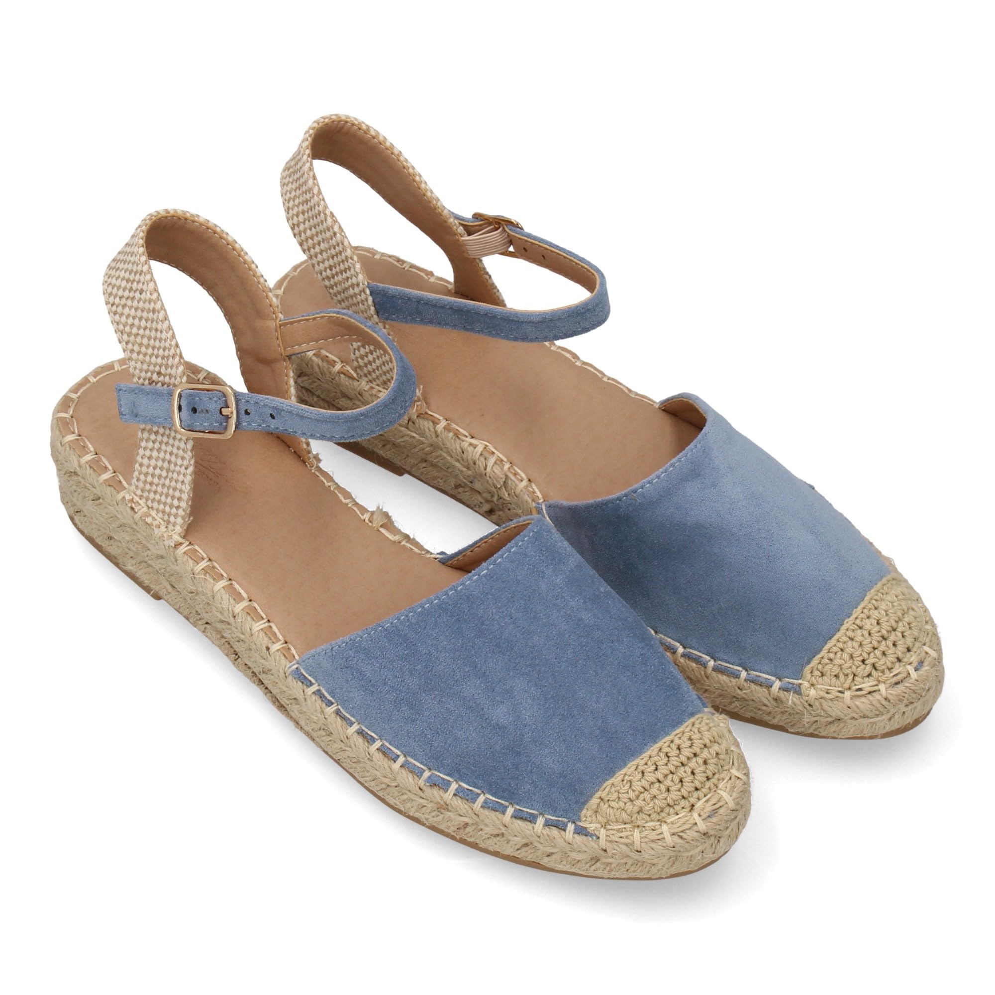 shoes&blues.es Sandalia Alpargata de Mujer con Diseno Abierto, Cuna Ligera de Yute, Esparto. Estampado Liso. Cierre de Hebilla y Punta Cerrada. Ideal Temporada Primavera Verano.