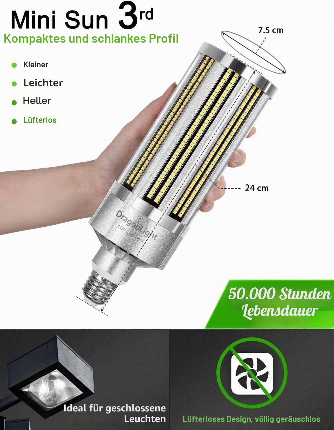DragonLight 80W Superhell Mais Licht LED Glühbirne Lüfterlos(Ersetzt 600Watt) - E27 LED Lampe mit E40 Adapter - 5000K Kaltweiß 9,600 Lumens für Gebiet Beleuchtung - Garage Werkstatt Straßenleuchte