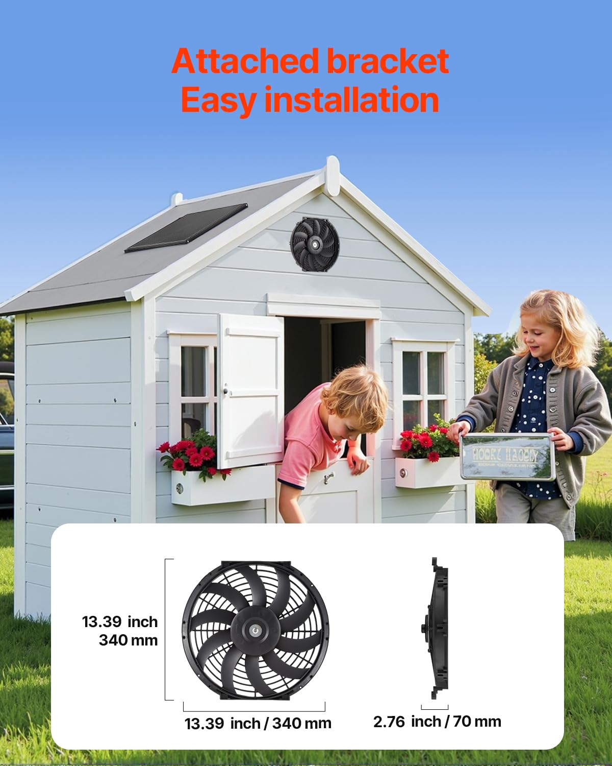 VEVOR Ventilateur d'Extraction Solaire de Grenier, 340x70 mm, Extracteur d'air de Grenier avec Thermostat Réglable, Maille Extérieure, Capacité Flux d'air 1300 CFM, pour Pignon, Toit, Garage, Atelier