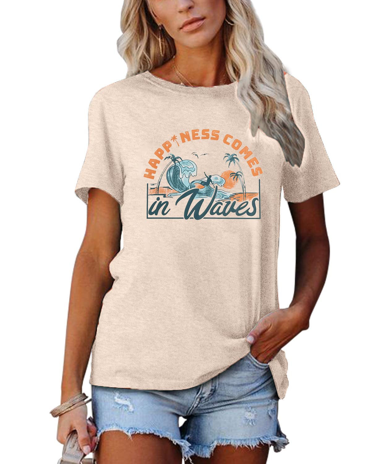 EGELEXYWomen Summer Shirts Retro Happiness Comes with Waves Tees Surf Lover Tshirt Beach Vacation Graphic Positive Summer Tee Top