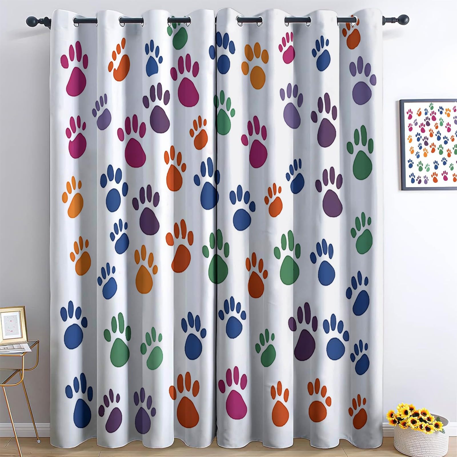 Gardinen Blickdichter Bunte Hundepfote Drucke Bedruckte Vorhänge H215x B110 cm (2er Pack) Verdunkelung mit Ösen für Farbe