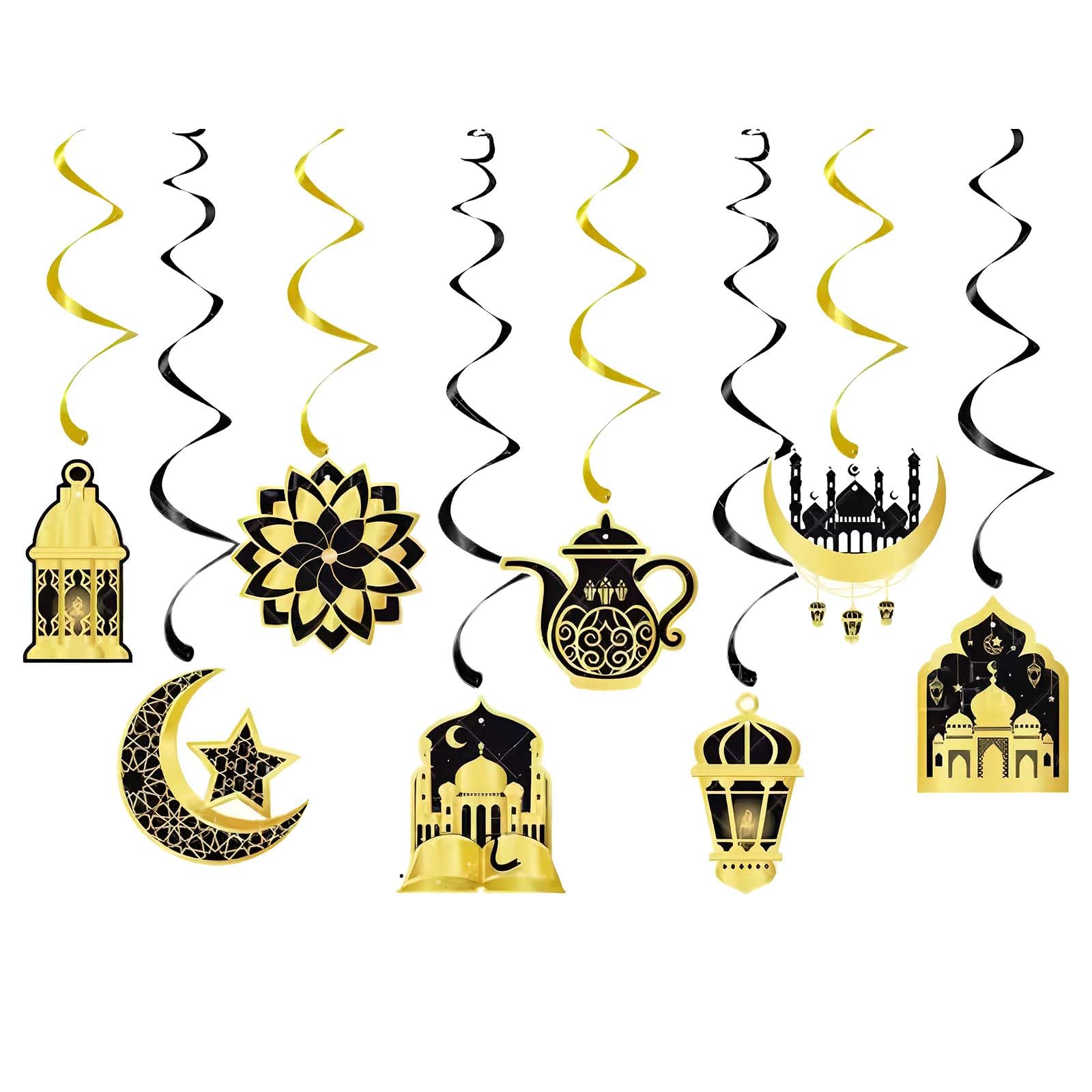 16 Pcs Eid Mubarak Decorations & Ramadan Decorations for Home, Hanging Swirl Ceiling Banner Set with Glitter Moon Stars, Reusable Islamic Party Decor for Door Al-Fitr Celebration