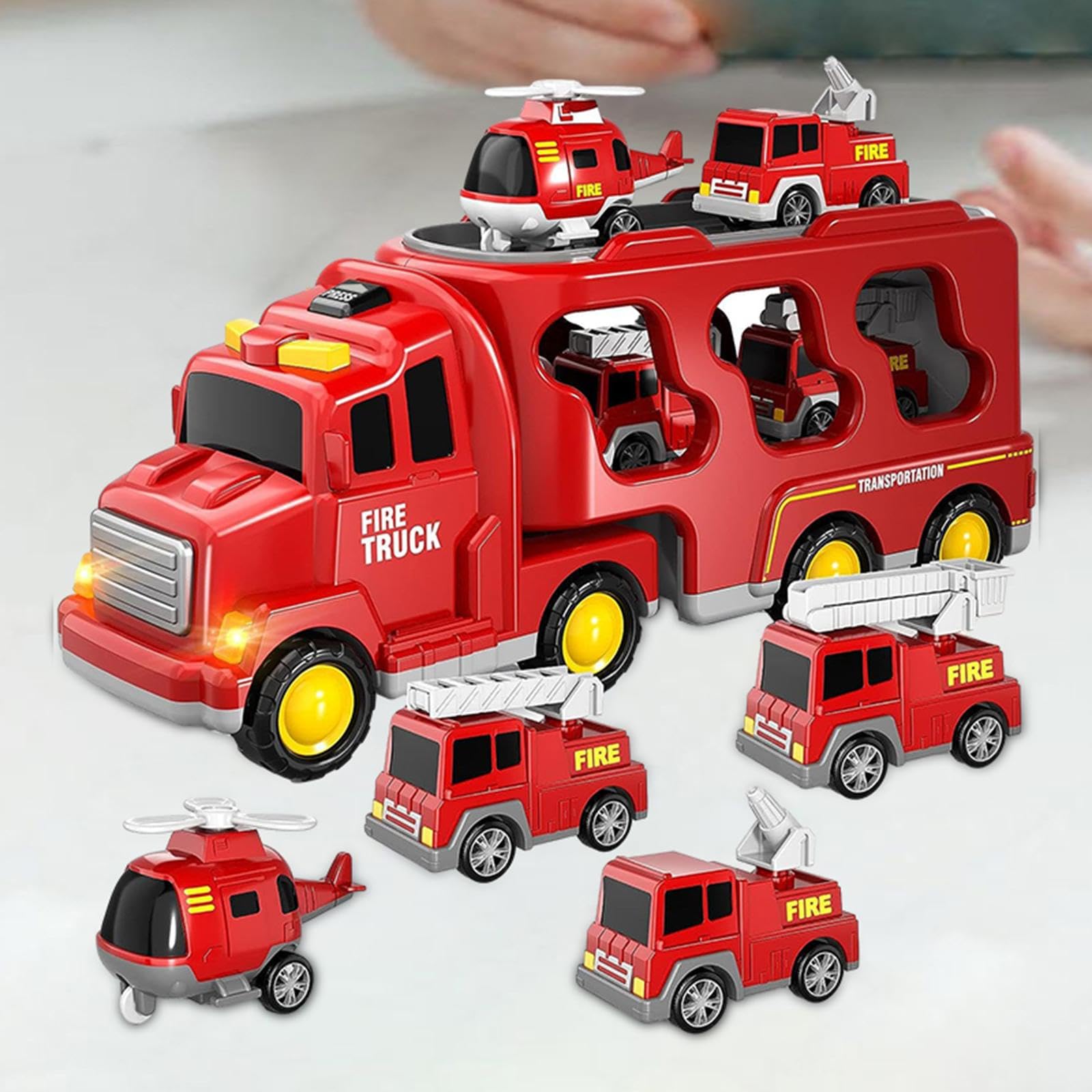 7 Stück Feuerwehrauto Spielzeug Set Mini Diecast Autos Transporter Friktionsgetrieben mit Licht Musik Notfallfahrzeug Aufbewahrung für Geschenk Frühes, Rot