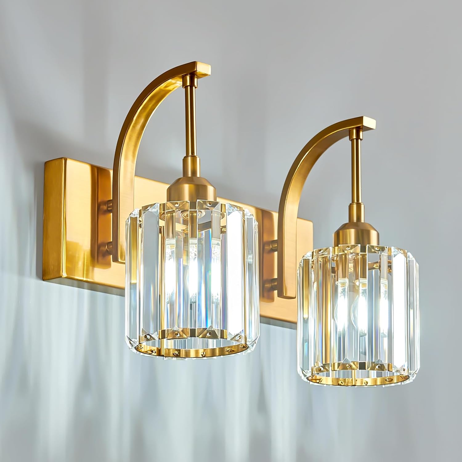 Bathroom Crystal Vanity Lights 2-Light Gold Wall Lamp Modern Crystal Bathroom Light Fixtures Over Mirror 13.77" Long Wall Sconce Gold Round 2-Light 13.77in